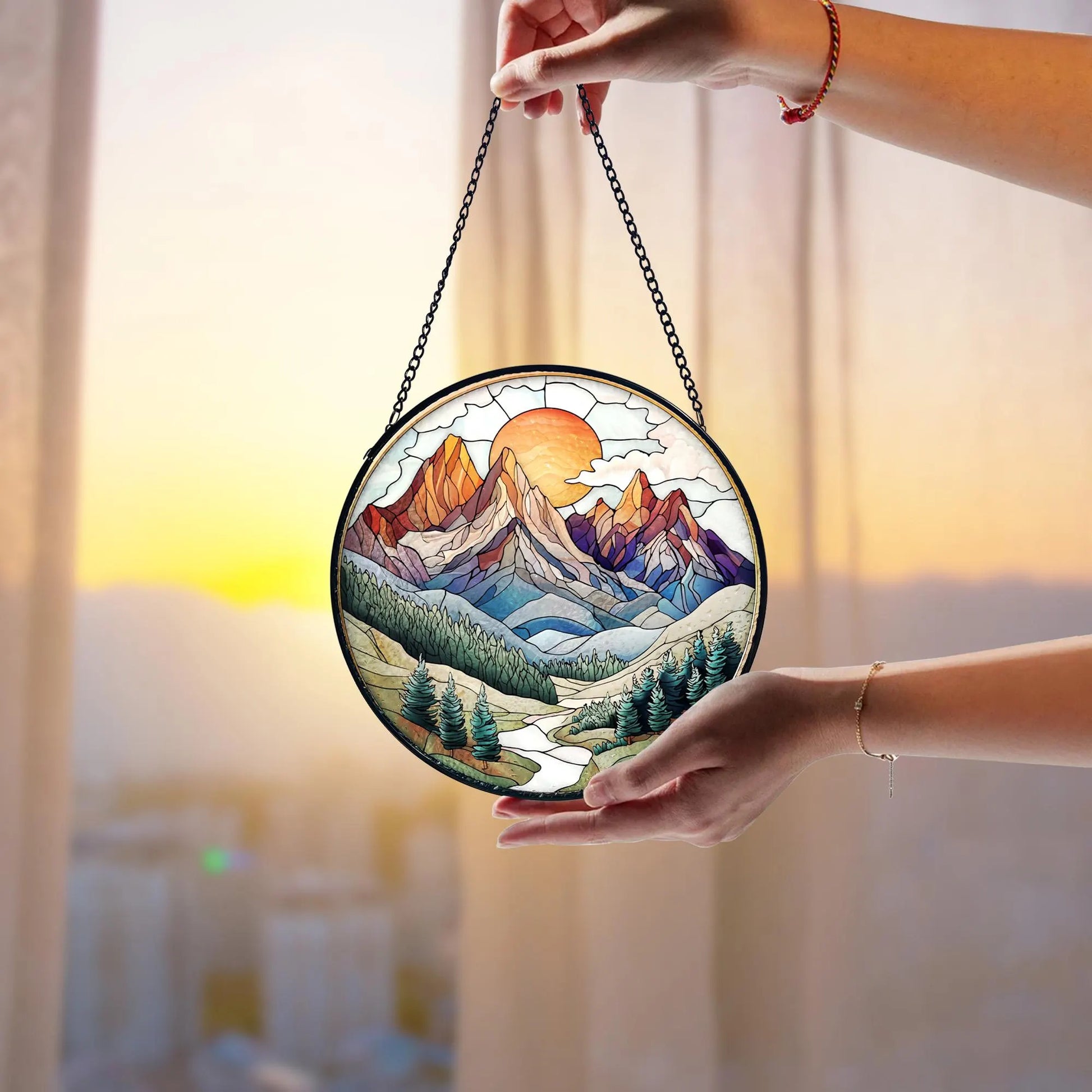 Handmade Mountain Range Stained Glass Suncatcher_ Nature Window Hanging, Stained Glass Acrylic Suncatcher, Vibrant Window Hanging Art, Colorful Light Catcher Decor, Boho Window Ornament, Unique Home Gift