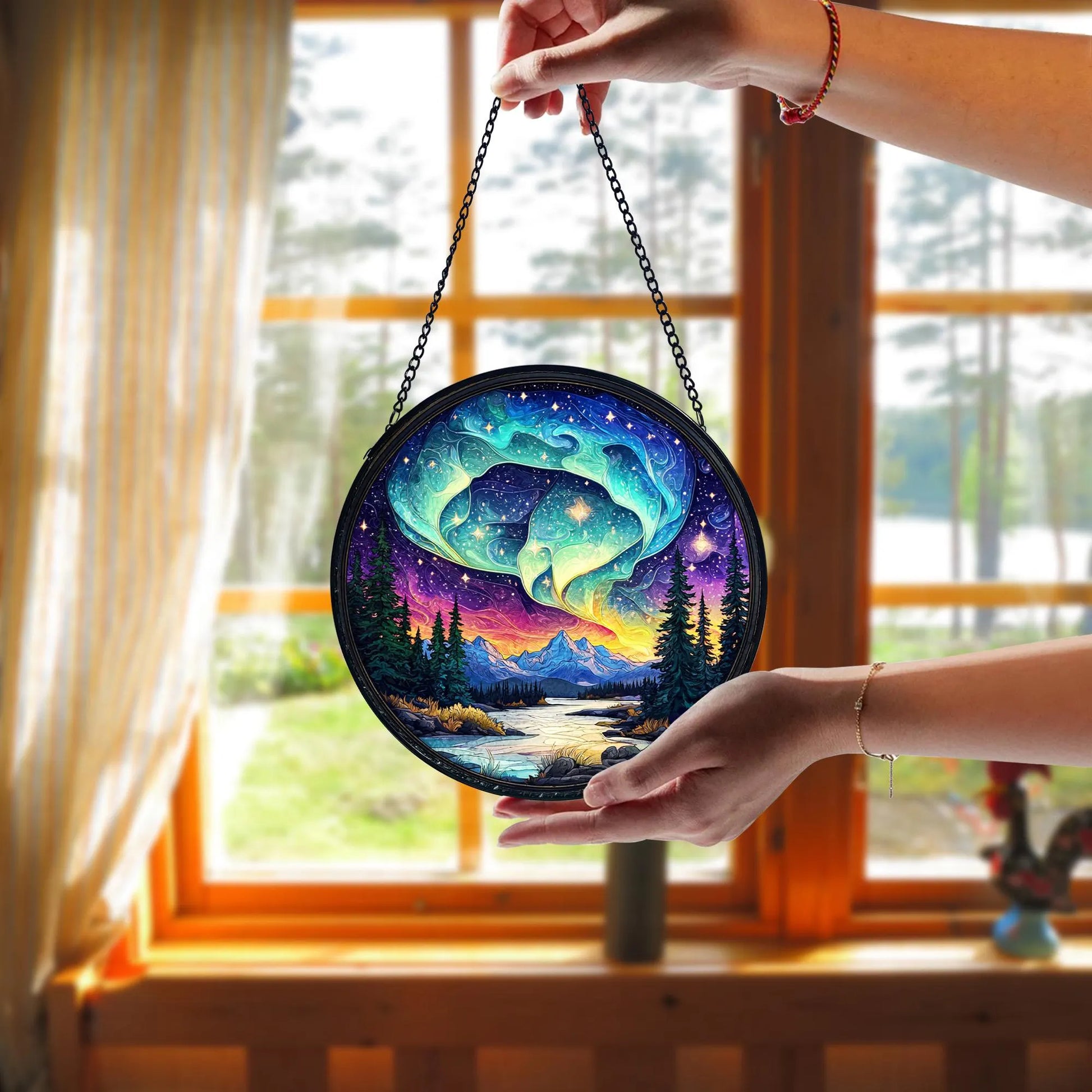 Handmade Aurora Borealis Stained Glass Suncatcher_ Northern Lights Decor, Boho Window Decoration, Unique Gift