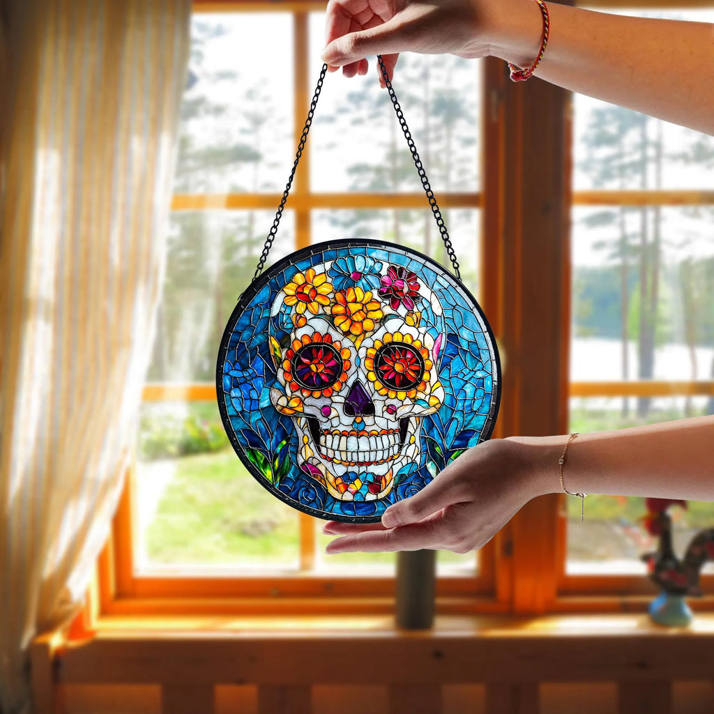 Sugar Skull Stained Glass Suncatcher, Dia De Los Muertos Decor, Acrylic Stained Glass Clover Suncatcher, Lucky Window Hanging, Boho Green Ornament, Unique Artisan Home Decor
