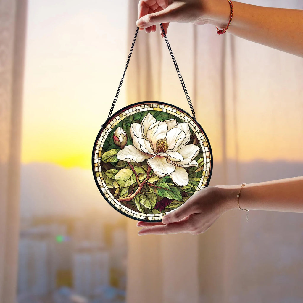 White Magnolia Stained Glass Suncatcher_ Handmade Floral Window Hanging, Decorative Stained Glass Style Suncatcher, Acrylic Window Art Panel, Sun Catcher Hanging Ornament, Unique Home Accent, andmade Home Decoration