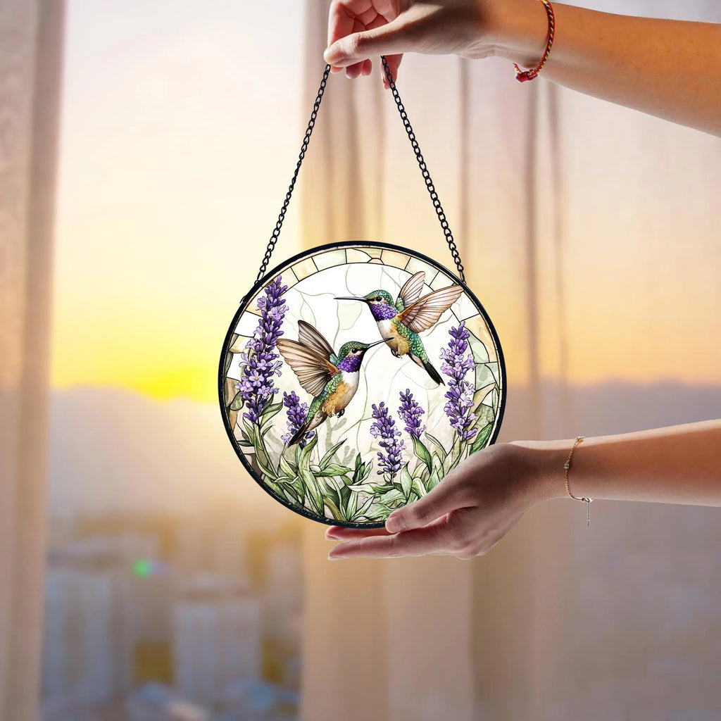 Handmade Stained Glass Suncatcher_ Hummingbirds and Lavender Decor, Handcrafted Stained Glass Suncatcher, Vibrant Window Art Panel, Sunlit Light Catcher Decoration, Boho Room Decor, Gift for Home Lovers