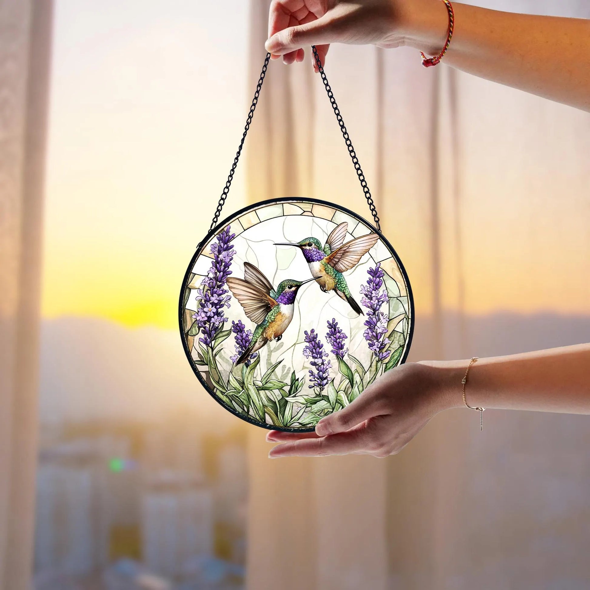 Handmade Stained Glass Suncatcher_ Hummingbirds and Lavender Decor, Handcrafted Stained Glass Suncatcher, Vibrant Window Art Panel, Sunlit Light Catcher Decoration, Boho Room Decor, Gift for Home Lovers