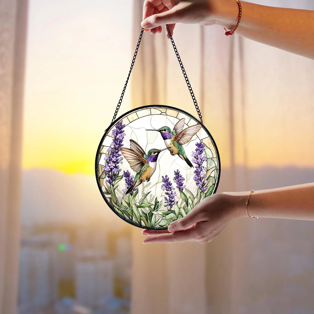 Handmade Stained Glass Suncatcher_ Hummingbirds and Lavender Decor, Handcrafted Stained Glass Suncatcher, Vibrant Window Art Panel, Sunlit Light Catcher Decoration, Boho Room Decor, Gift for Home Lovers