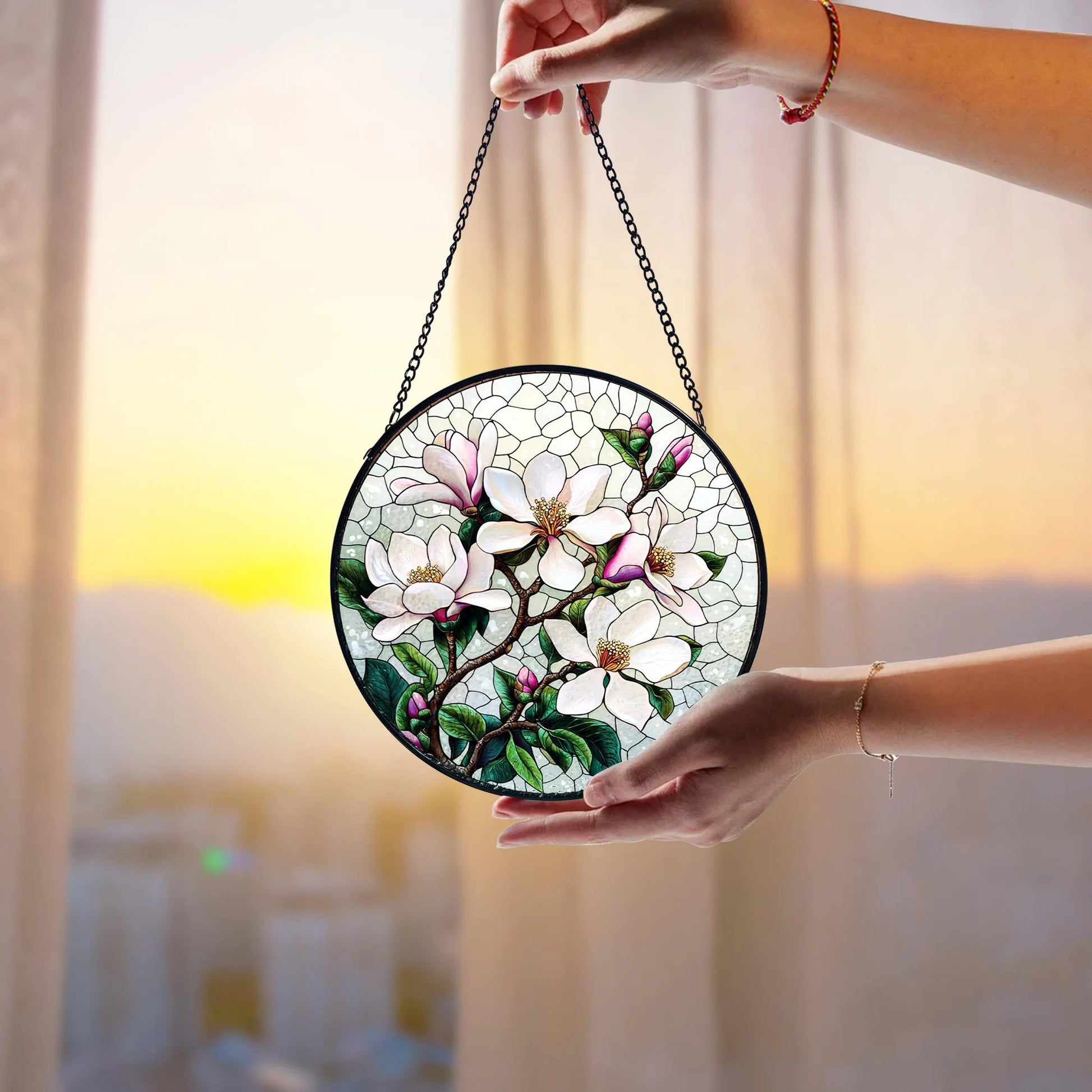 Handmade White Magnolia Stained Glass Suncatcher_ Floral Window Art, Handcrafted Stained Glass Suncatcher, Vibrant Window Art Panel, Sunlit Light Catcher Decoration, Boho Room Decor, Gift for Home Lovers