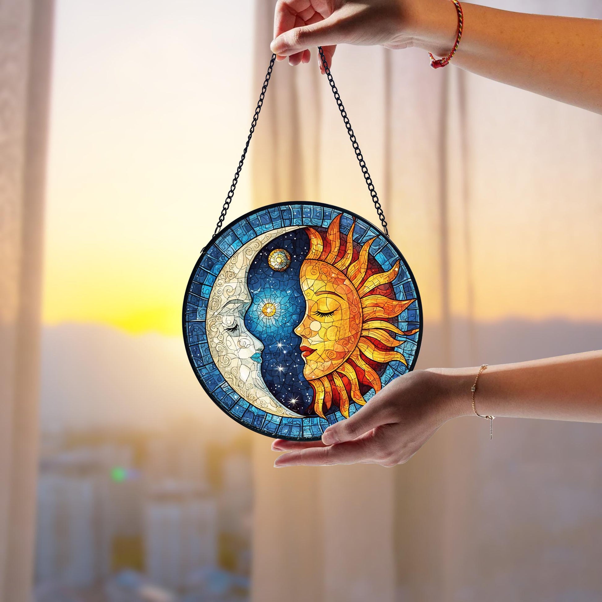 Handmade Stained Glass Sun and Moon Suncatcher_ Celestial Window Hanging, Stained Glass Acrylic Suncatcher, Vibrant Window Hanging Art, Colorful Light Catcher Decor, Boho Window Ornament, Unique Home Gift