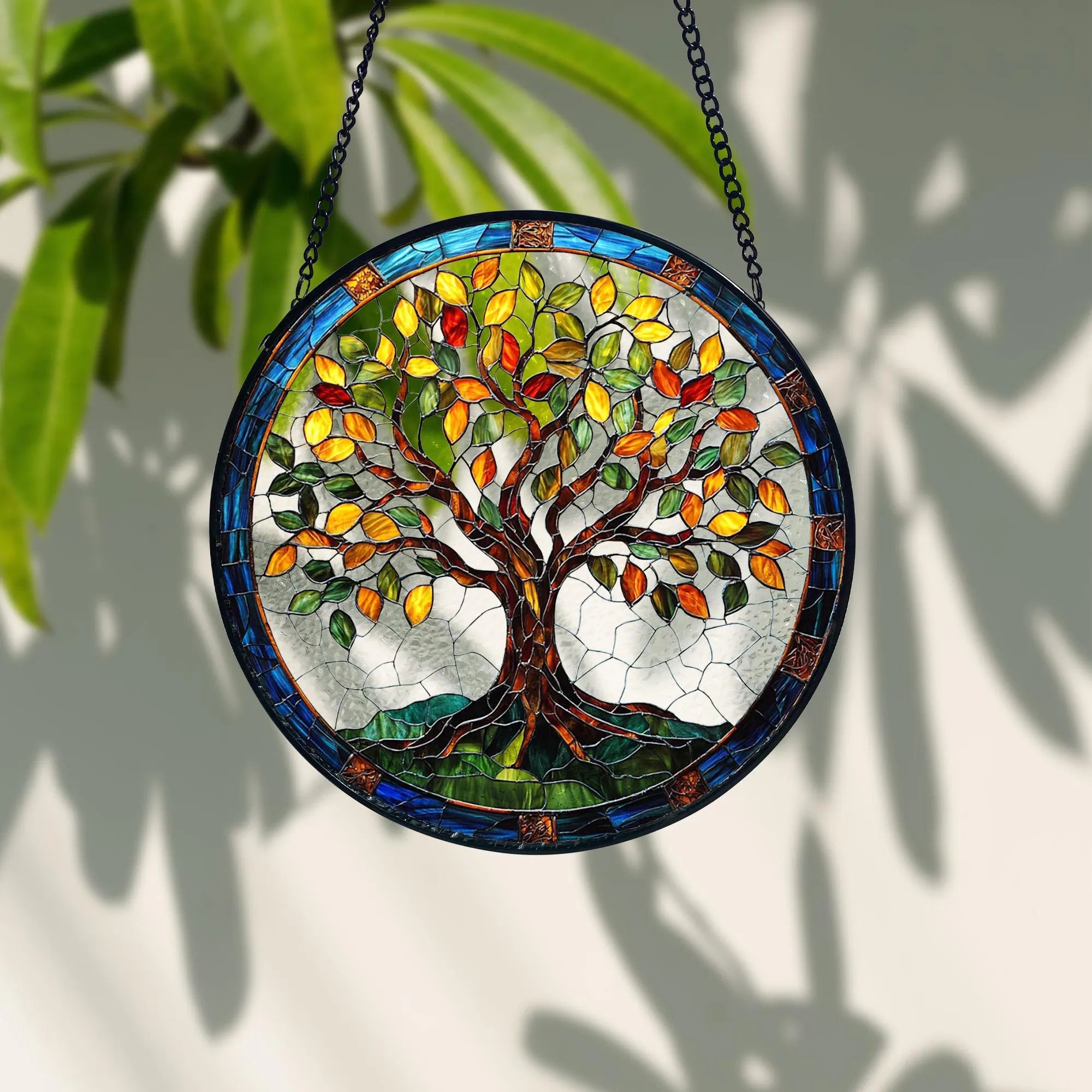 Stained Glass Tree of Life Suncatcher_ Handmade Window Hanging Decor, Acrylic Stained Glass Clover Suncatcher, Lucky Window Hanging, Boho Green Ornament, Unique Artisan Home Decor