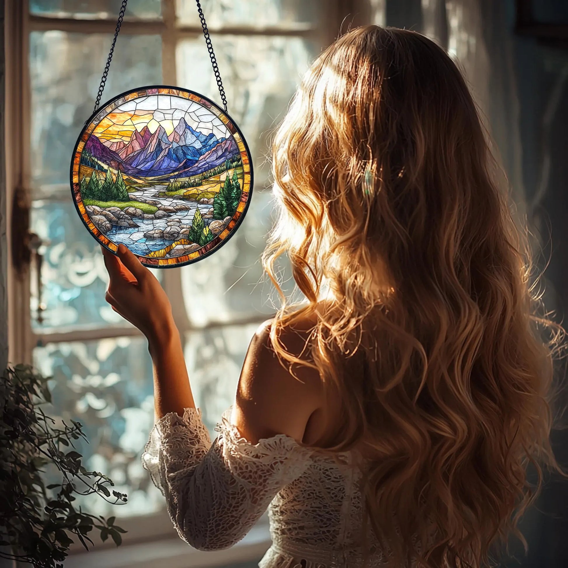 Mountain River Stained Glass Suncatcher_ Handmade Nature Decor, Artistic Stained Glass Acrylic Panel, Window Light Catcher Hanging, Colorful Home Decor Accent, Handmade Gift for Any Occasion