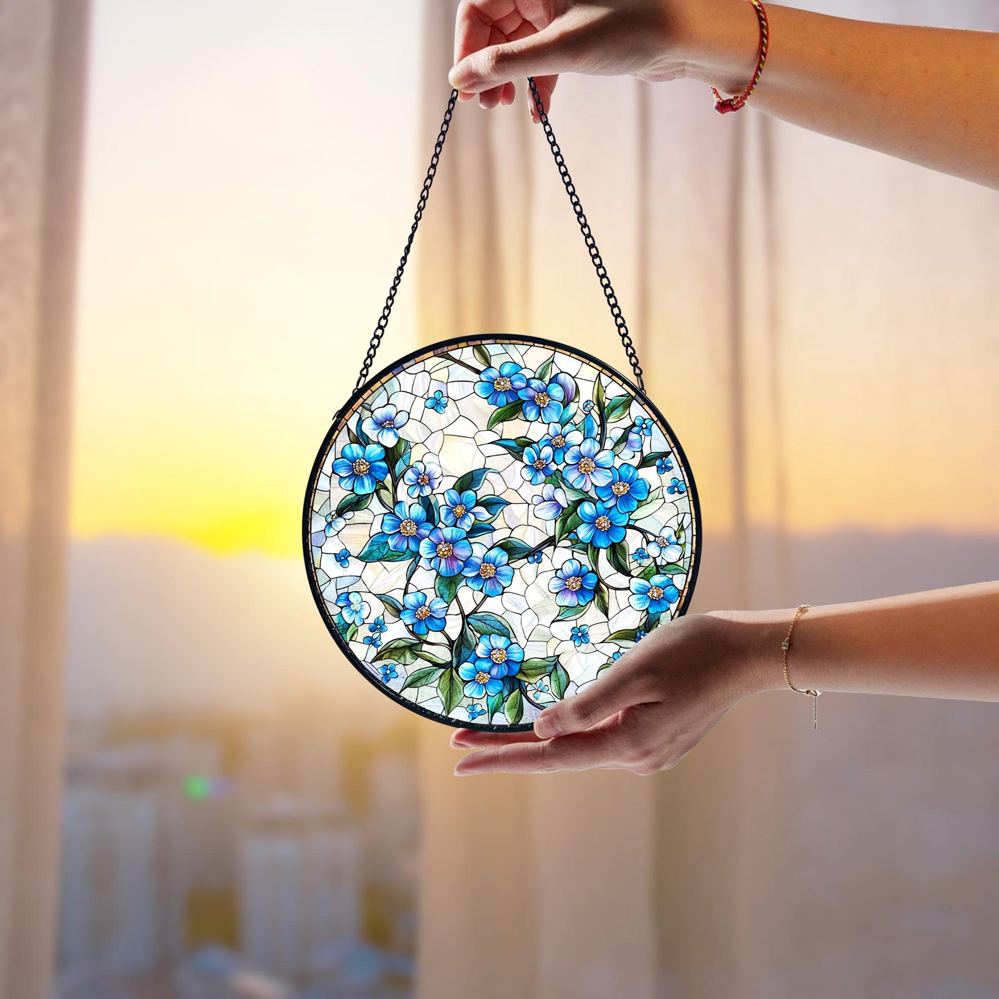 Forget-me-not Stained Glass Suncatcher_ Handmade Floral Window Decor, Colorful Sun Catcher Ornament, Boho Window Decoration, Unique Gift