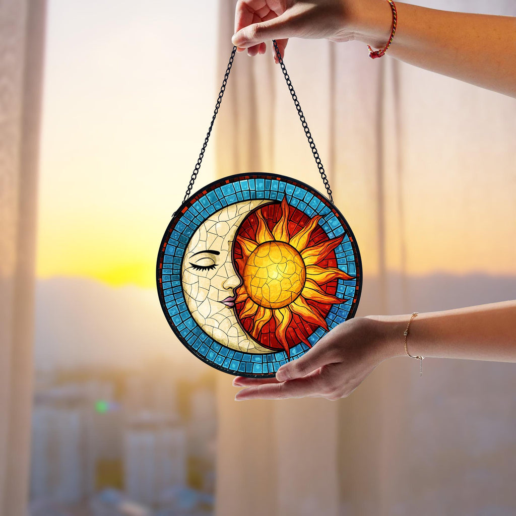 Handmade Sun and Moon Stained Glass Suncatcher_ Celestial Window Decor, Handcrafted Stained Glass Suncatcher, Vibrant Window Art Panel, Sunlit Light Catcher Decoration, Boho Room Decor, Gift for Home Lovers