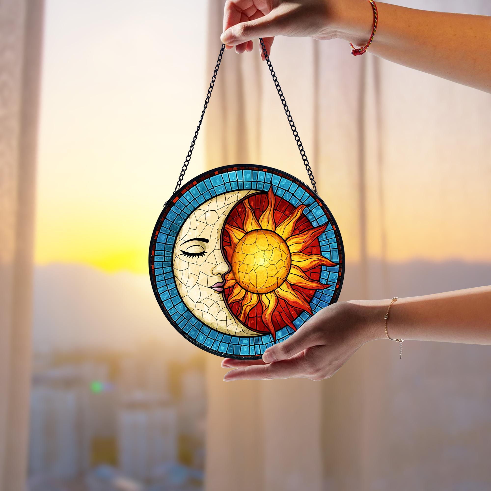 Handmade Sun and Moon Stained Glass Suncatcher_ Celestial Window Decor, Handcrafted Stained Glass Suncatcher, Vibrant Window Art Panel, Sunlit Light Catcher Decoration, Boho Room Decor, Gift for Home Lovers