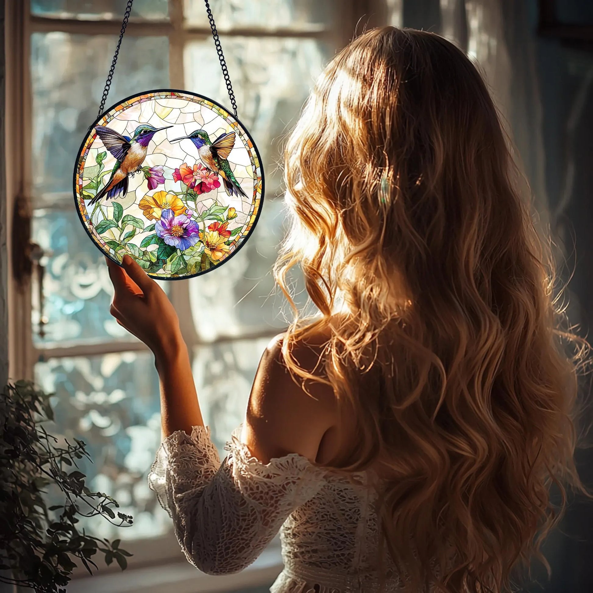 Hummingbird Stained Glass Suncatcher_ Handmade Floral Window Hanging, Acrylic Stained Glass Window Art, Handmade Sun Catcher Hanging Decor, Colorful Light Reflecting Panel, Unique Gift for Home