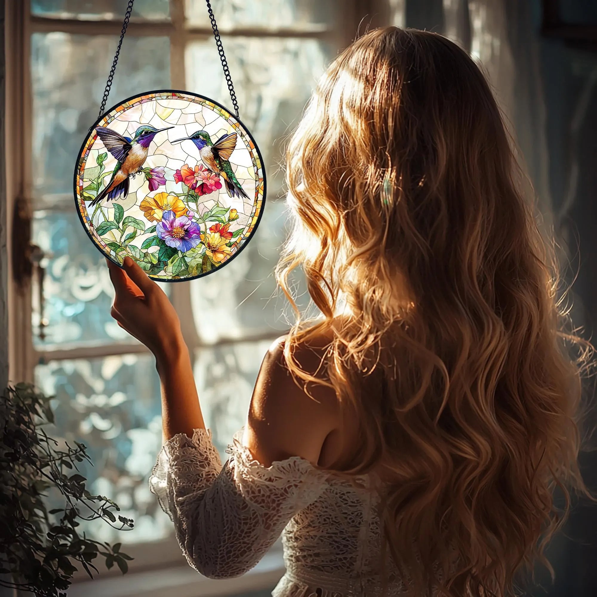 Hummingbird Stained Glass Suncatcher_ Handmade Floral Window Hanging, Acrylic Stained Glass Window Art, Handmade Sun Catcher Hanging Decor, Colorful Light Reflecting Panel, Unique Gift for Home