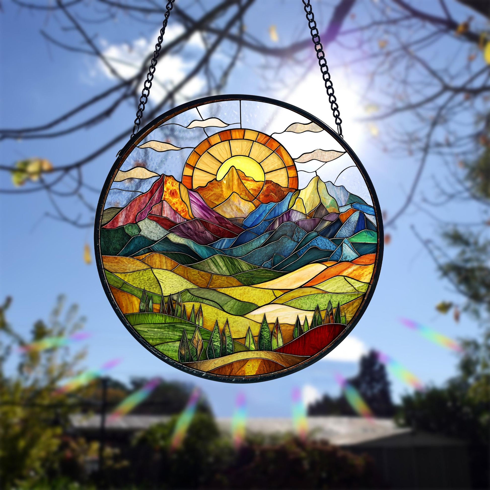 Handmade Mountain Sunset Stained Glass Suncatcher_ Nature Window Decor, Stained Glass Acrylic Suncatcher, Vibrant Window Hanging Art, Colorful Light Catcher Decor, Boho Window Ornament, Unique Home Gift