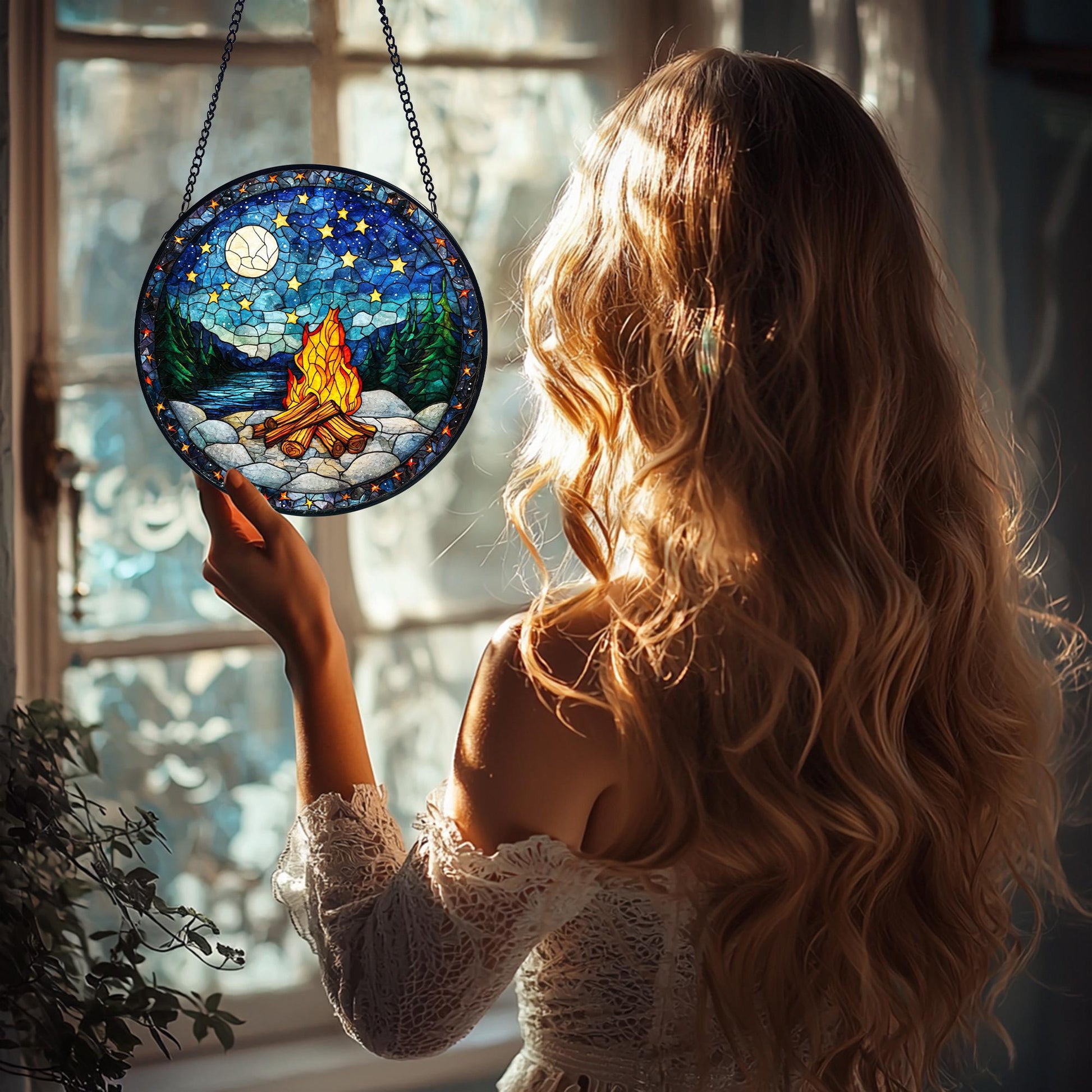 Handmade Starry Campfire Faux Stained Glass Suncatcher_ Rustic Outdoor Decor, Handcrafted Stained Glass Suncatcher, Vibrant Window Art Panel, Sunlit Light Catcher Decoration, Boho Room Decor, Gift for Home Lovers