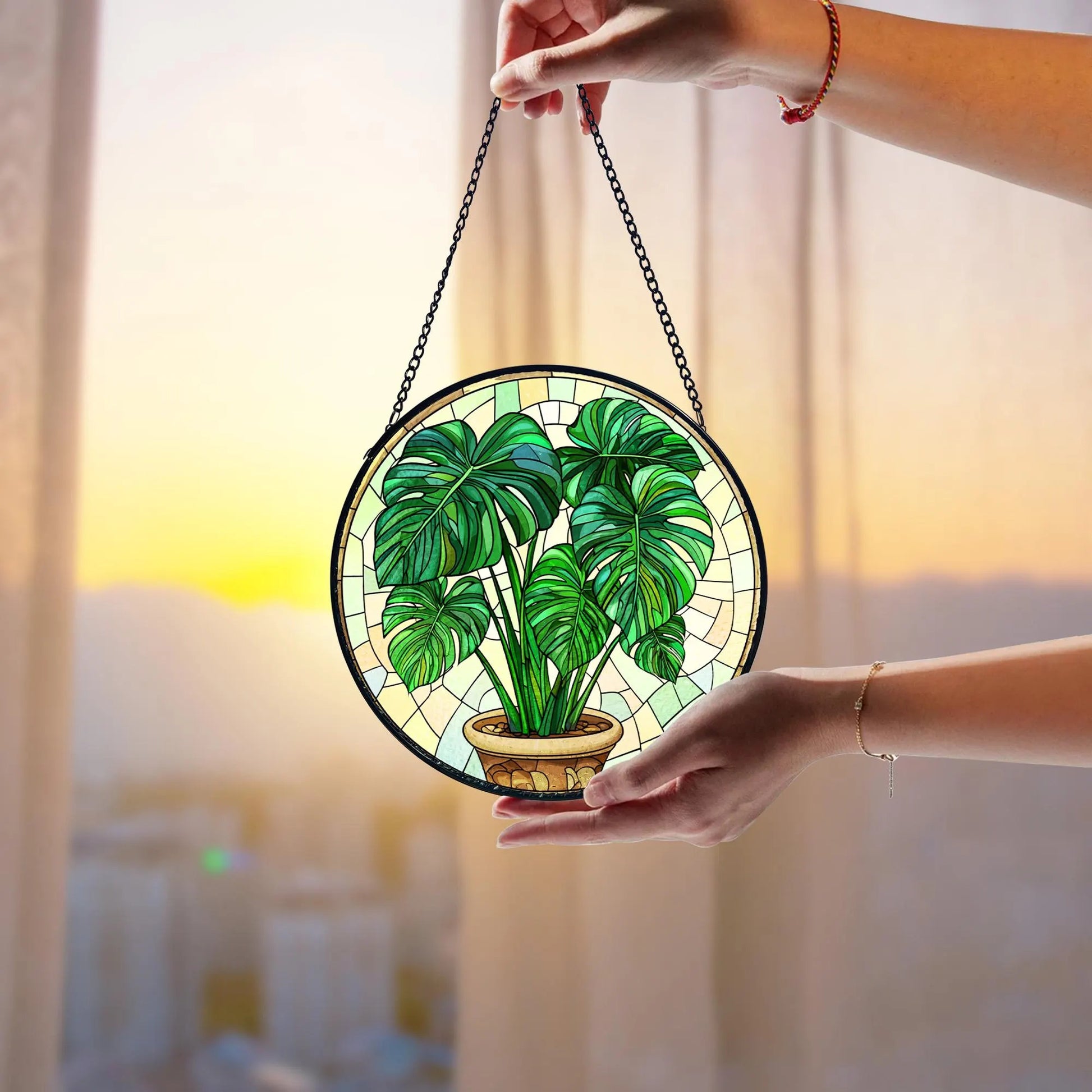 Handmade Stained Glass Monstera Suncatcher_ Botanical Window Hanging, Handcrafted Stained Glass Suncatcher, Vibrant Window Art Panel, Sunlit Light Catcher Decoration, Boho Room Decor, Gift for Home Lovers