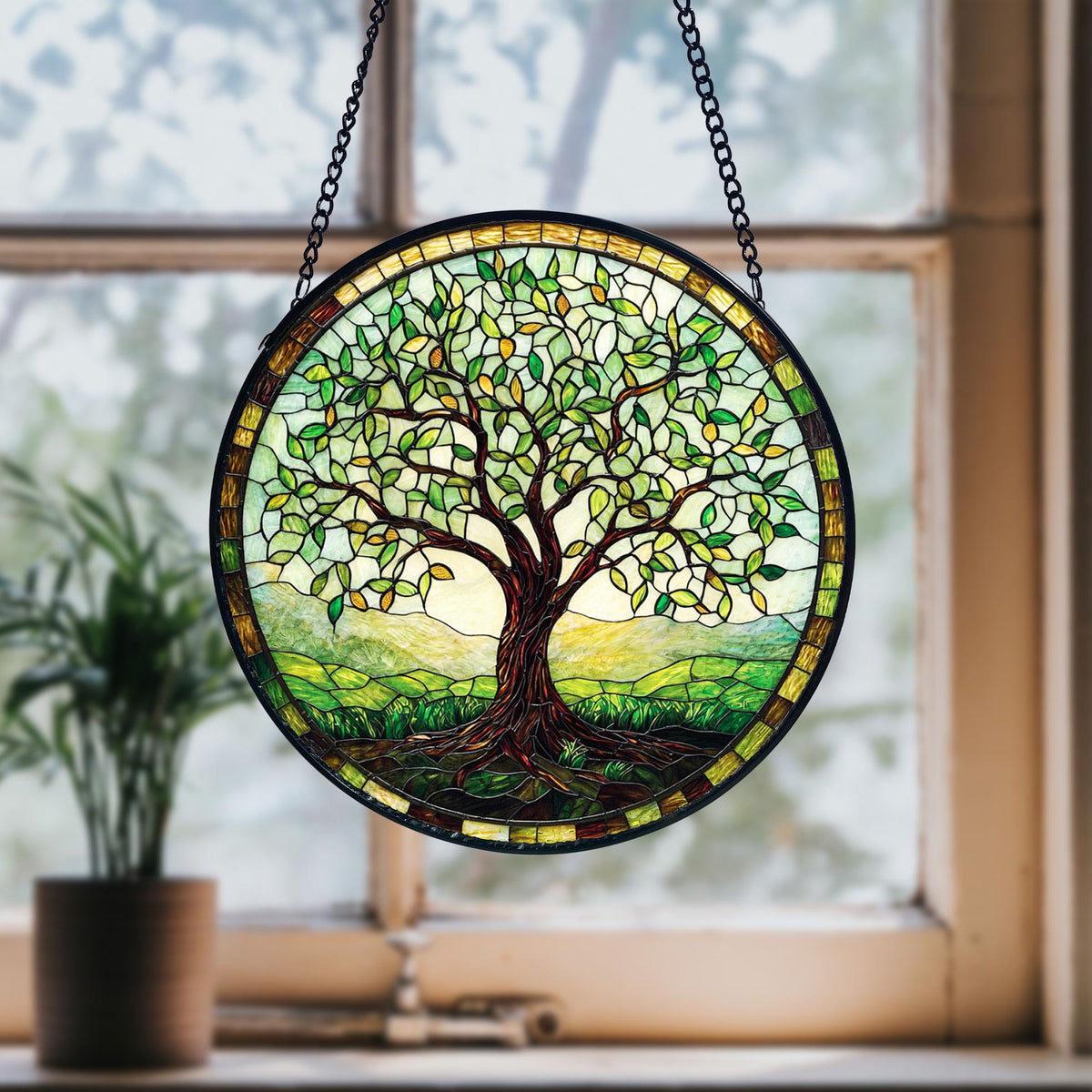 Handmade Tree of Life Stained Glass Window Hanging_ Nature Decor, Handcrafted Stained Glass Suncatcher, Vibrant Window Art Panel, Sunlit Light Catcher Decoration, Boho Room Decor, Gift for Home Lovers