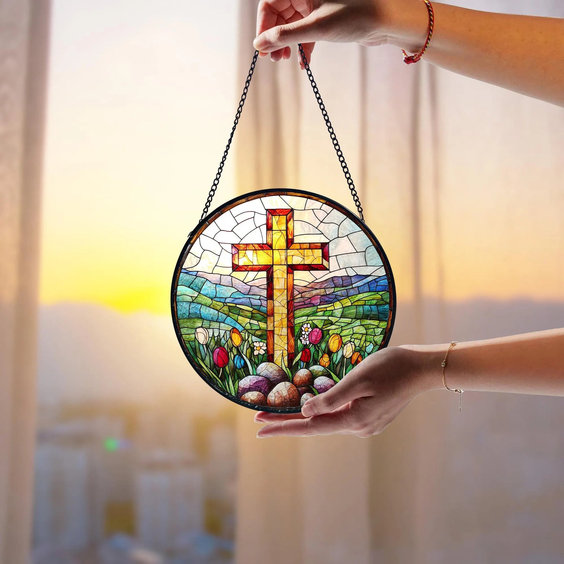 Easter Cross Stained Glass Suncatcher_ Christian Window Hanging, Colorful Sun Catcher Ornament, Boho Window Decoration, Unique Gift