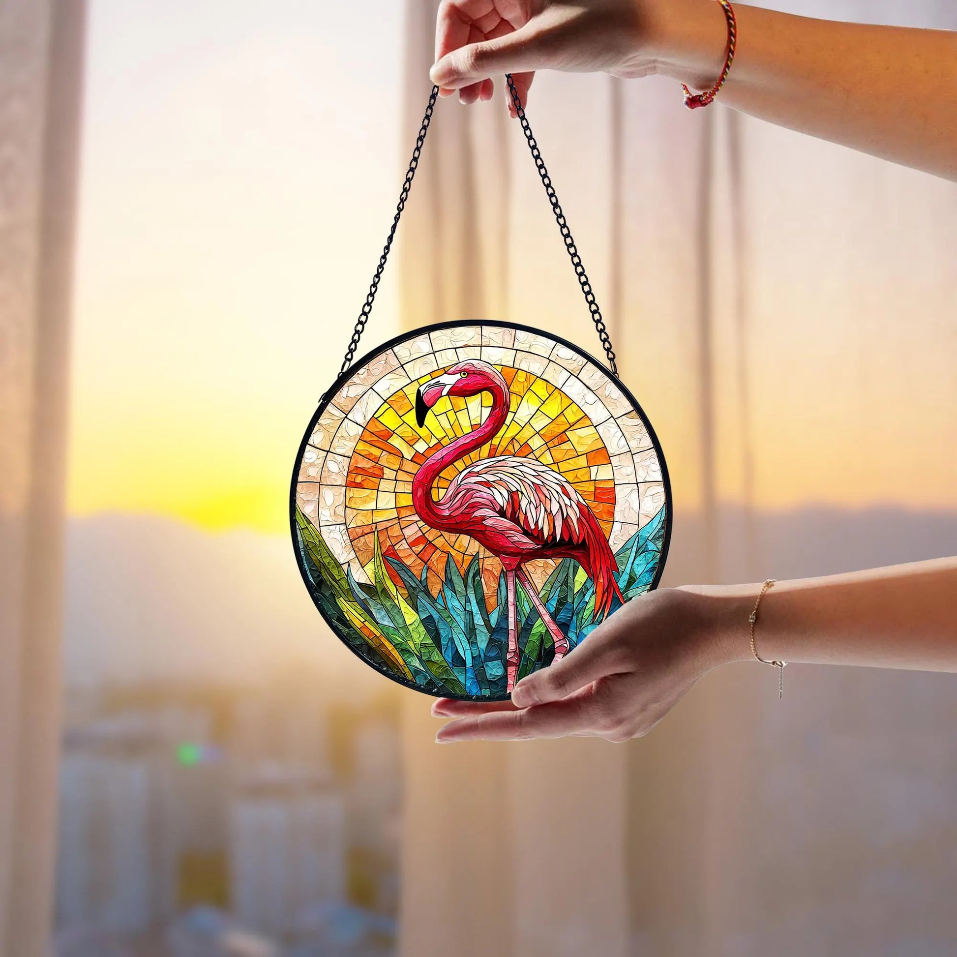 Handcrafted Flamingo Stained Glass Suncatcher_ Tropical Home Decor, Stained Glass Style Window Hanging Colorful Sun Catcher Ornament, Boho Window Decoration, Unique Gift