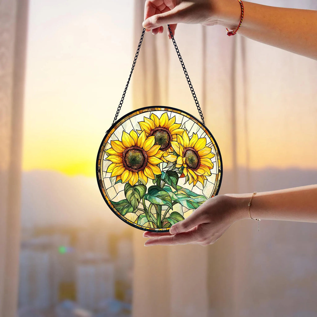 Handmade Sunflower Stained Glass Suncatcher_ Nature-inspired Window Decor, Handcrafted Stained Glass Suncatcher, Vibrant Window Art Panel, Sunlit Light Catcher Decoration, Boho Room Decor, Gift for Home Lovers