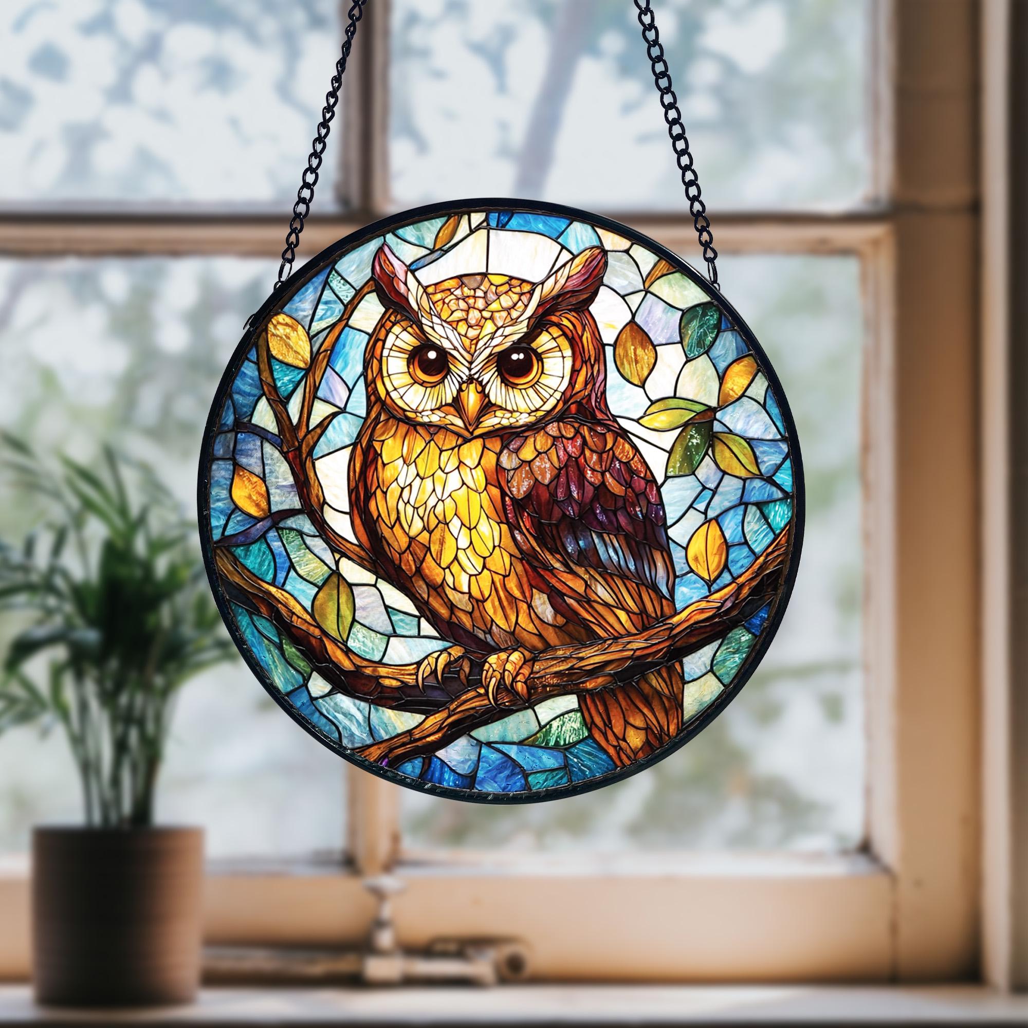 Stained Glass Owl Suncatcher_ Handcrafted Window Hanging Decor, Stained Glass Style Clover Window Suncatcher, Acrylic Lucky Hanging Decor, Four Leaf Sun Catcher, Green Home Ornament