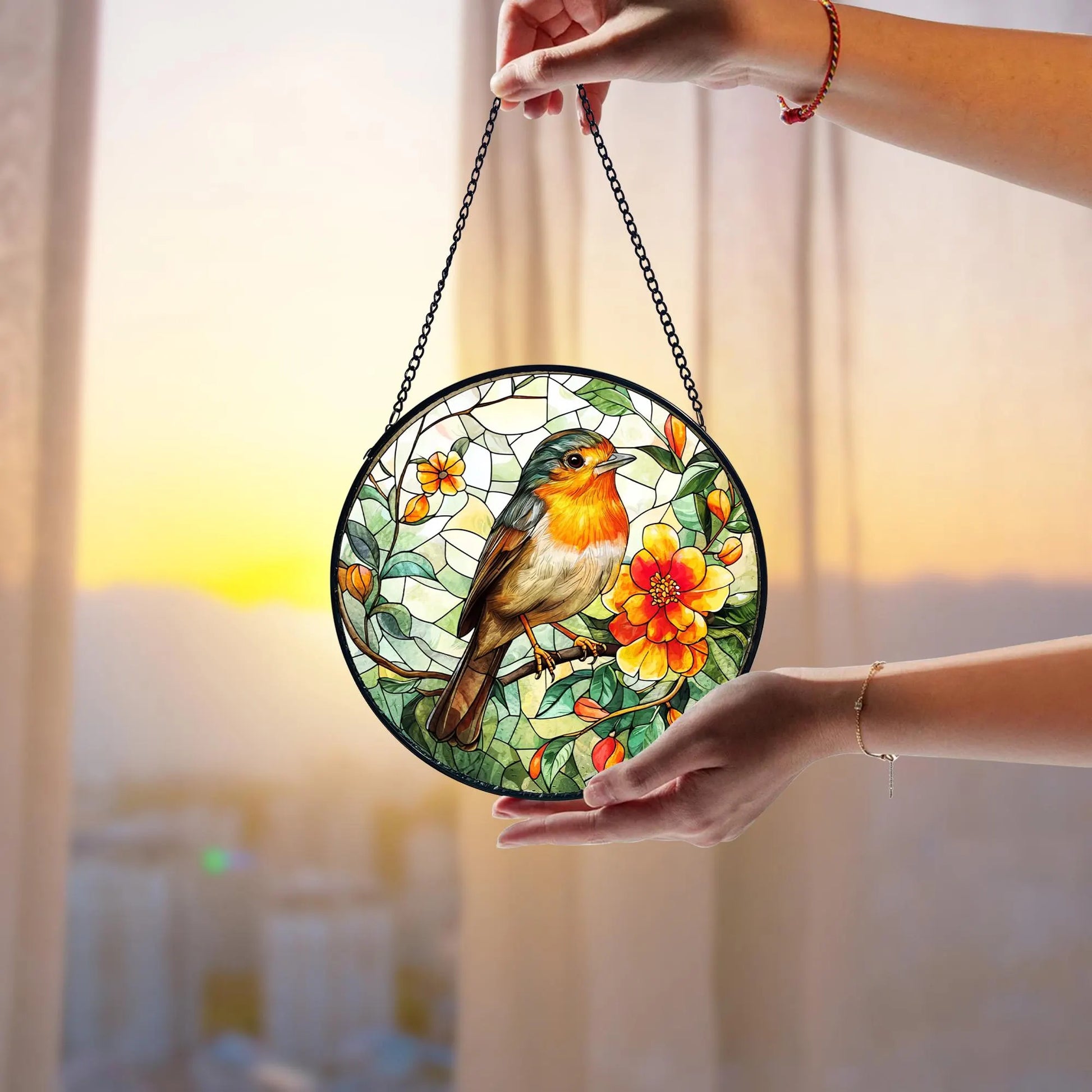 Robin Bird Stained Glass Suncatcher_ Floral Window Hanging, Artistic Stained Glass Acrylic Panel, Window Light Catcher Hanging, Colorful Home Decor Accent, Handmade Gift for Any Occasion