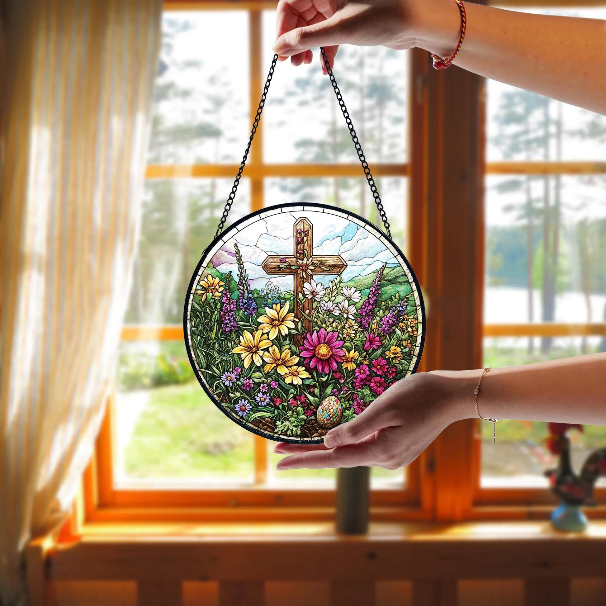 Handmade Easter Cross Stained Glass Suncatcher_ Floral Christian Decor, Stained Glass Suncatcher Window Hanging, Handmade Glass Art Decor, Colorful Sun Catcher Ornament, Boho Window Decoration, Unique Gift