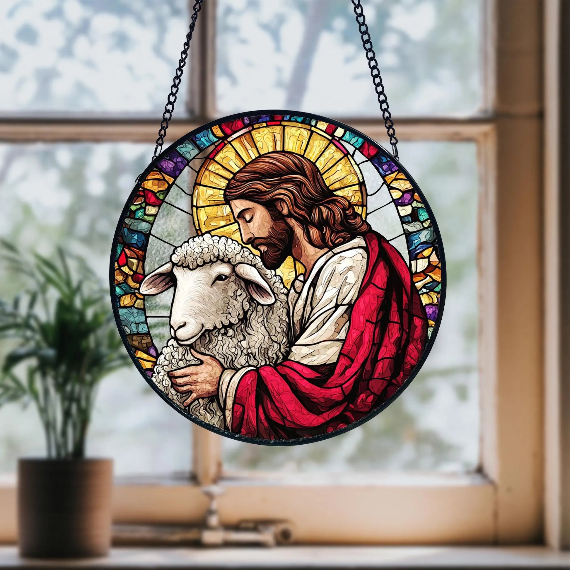 Handmade Stained Glass Suncatcher_ Jesus Leaves the 99, Christian Decor, Handcrafted Stained Glass Suncatcher, Vibrant Window Art Panel, Sunlit Light Catcher Decoration, Boho Room Decor, Gift for Home Lovers