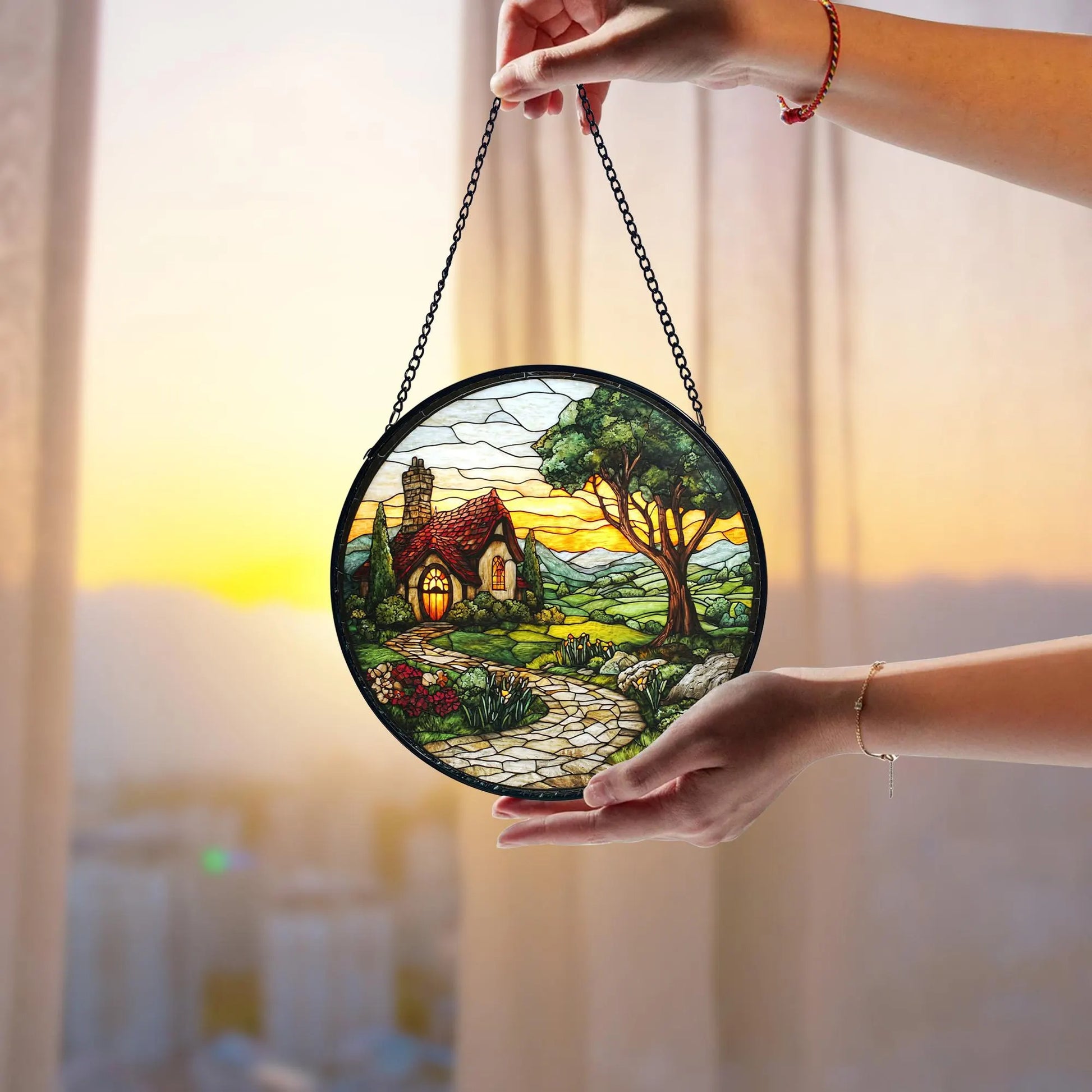 Mushroom Stained Glass Suncatcher_ Sunset Window Hanging Art, Artistic Stained Glass Acrylic Panel, Window Light Catcher Hanging, Colorful Home Decor Accent, Handmade Gift for Any Occasion