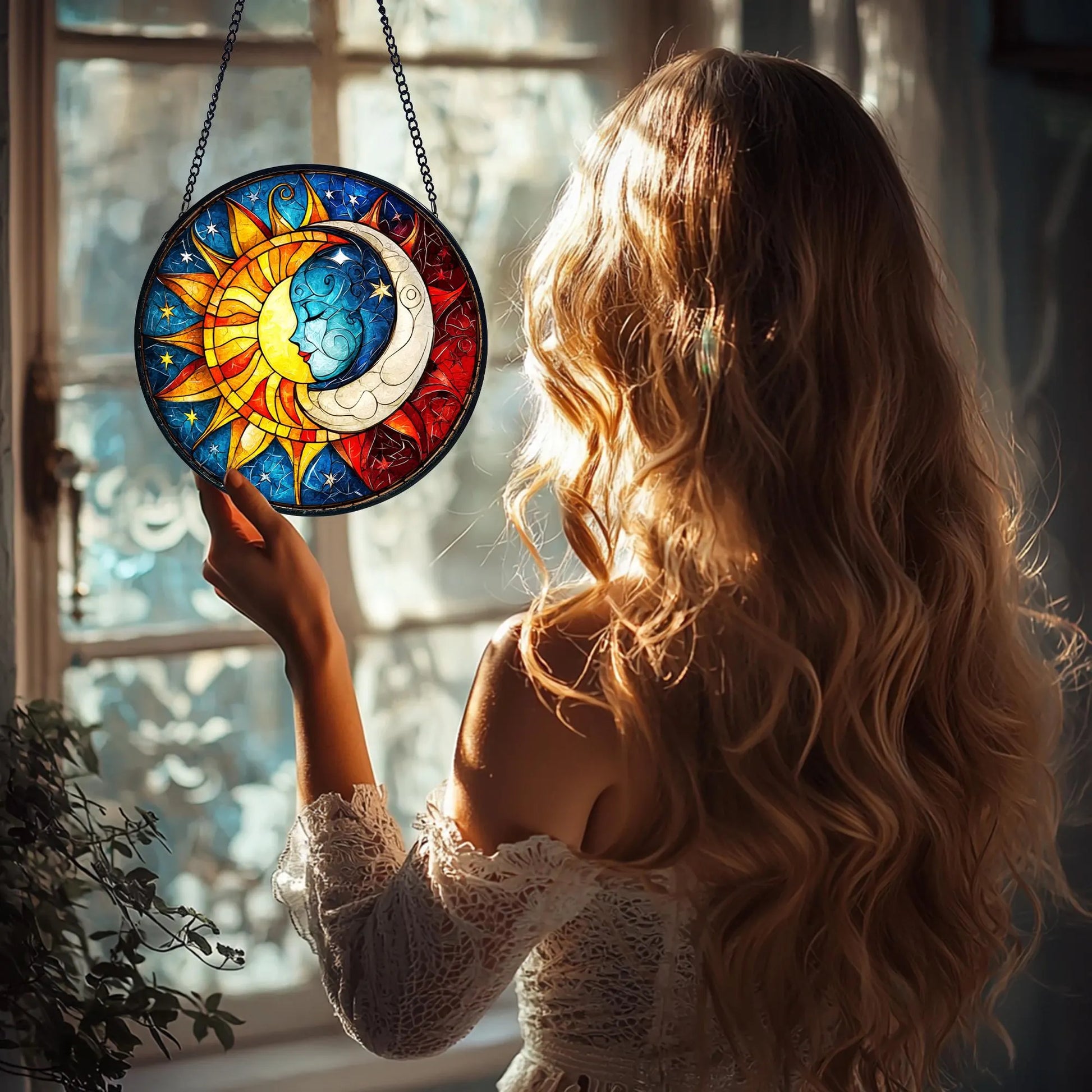Sun & Moon Stained Glass Suncatcher_ Celestial Window Decor, Stained Glass Inspired Suncatcher, Acrylic Window Hanging Art, Colorful Light Catcher, Handmade Gift for Home