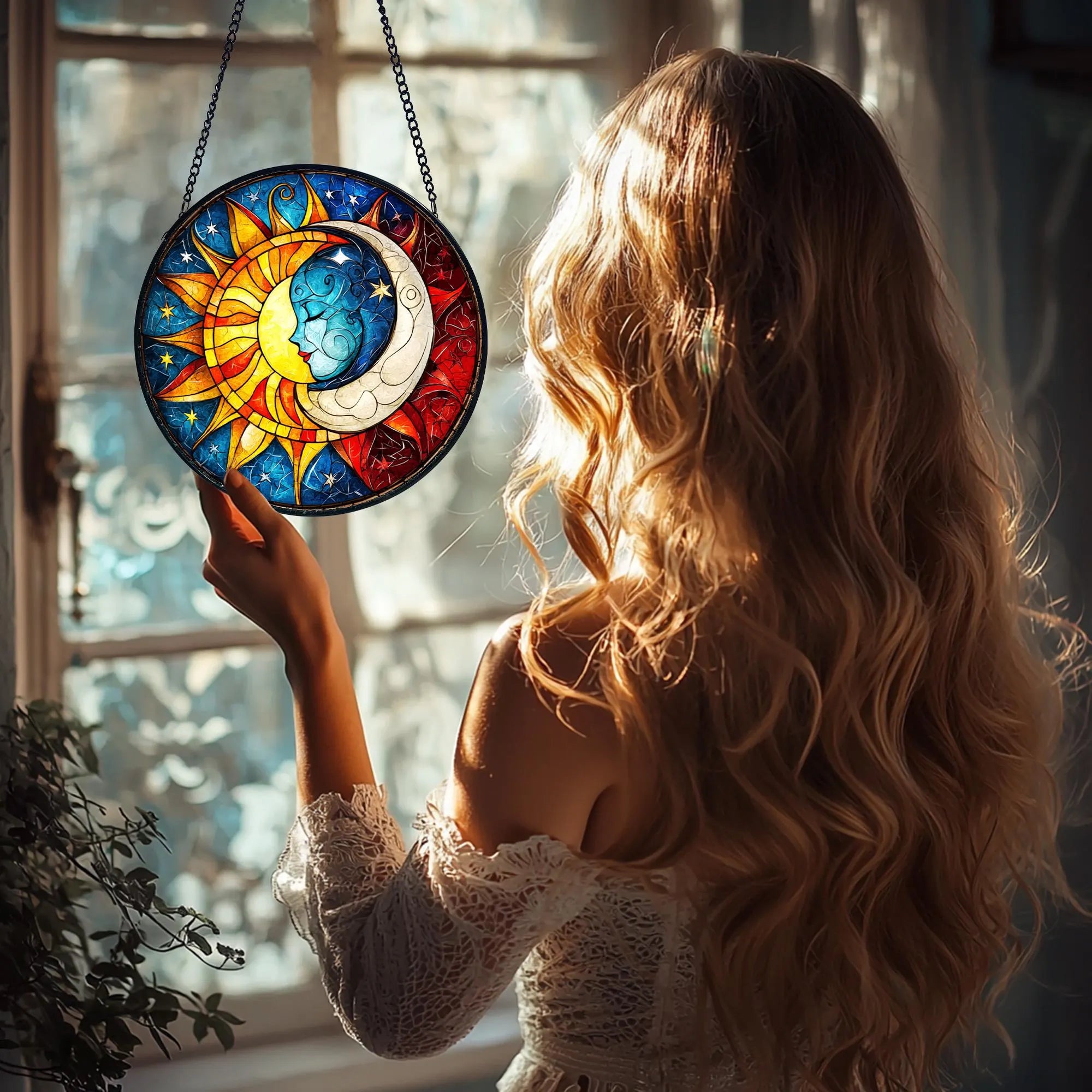 Sun & Moon Stained Glass Suncatcher_ Celestial Window Decor, Stained Glass Inspired Suncatcher, Acrylic Window Hanging Art, Colorful Light Catcher, Handmade Gift for Home