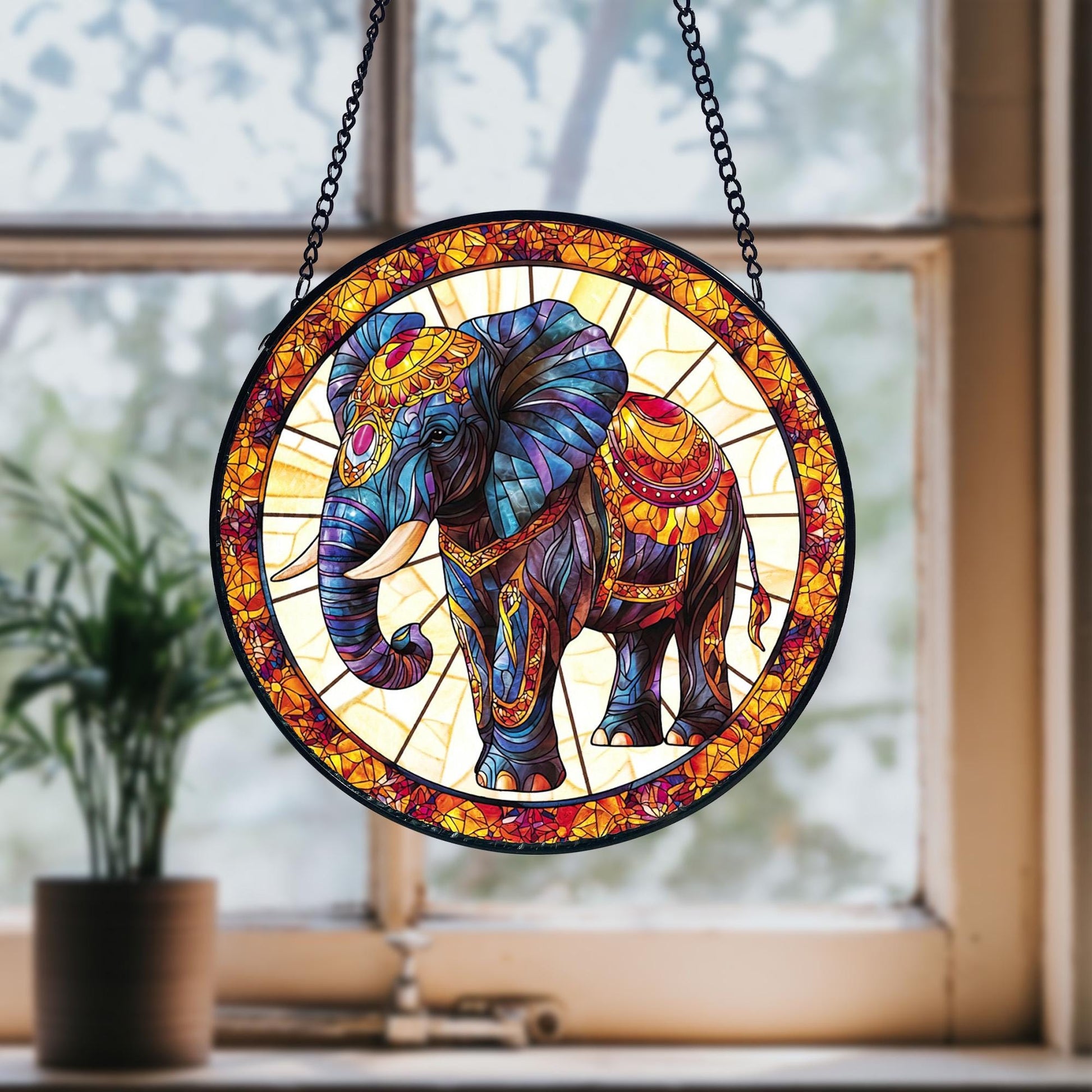 Handcrafted Elephant Stained Glass Suncatcher_ Window Hanging Decor, Stained Glass Style Window Hanging Colorful Sun Catcher Ornament, Boho Window Decoration, Unique Gift