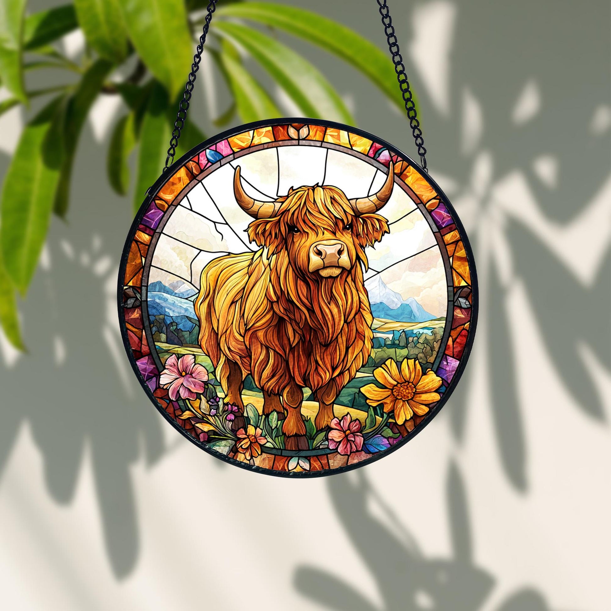 Highland Cow Faux Stained Glass Window Hanging_ Farmhouse Decor, Handcrafted Stained Glass Suncatcher, Vibrant Window Art Panel, Sunlit Light Catcher Decoration, Boho Room Decor, Gift for Home Lovers