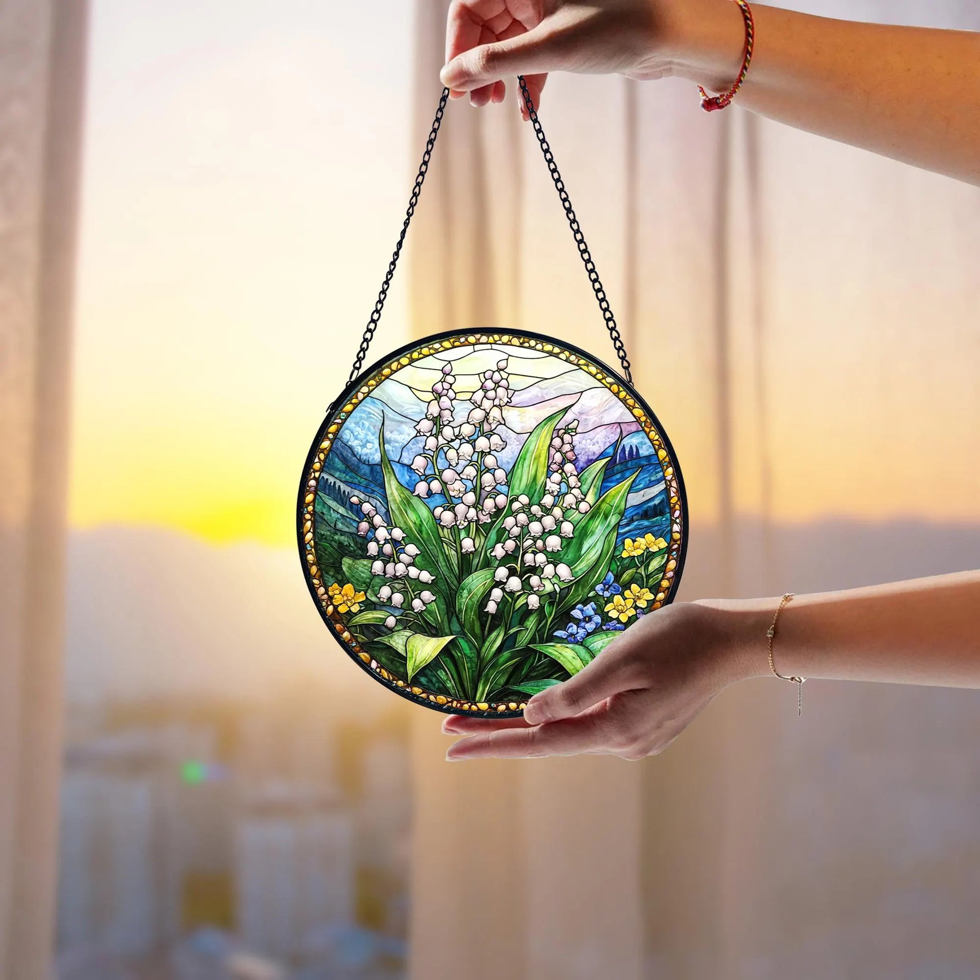 Lily of the Valley Stained Glass Suncatcher_ Floral Window Hanging, Acrylic Stained Glass Window Art, Handmade Sun Catcher Hanging Decor, Colorful Light Reflecting Panel, Unique Gift for Home
