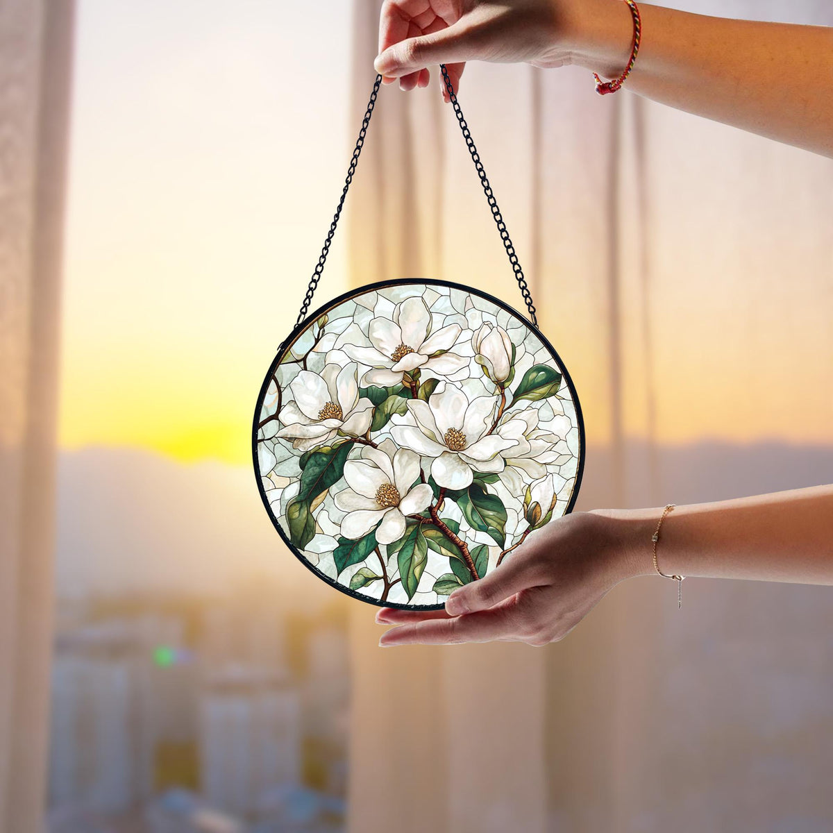 Handmade Stained Glass White Magnolia Suncatcher_ Floral Window Hanging, Handcrafted Stained Glass Suncatcher, Vibrant Window Art Panel, Sunlit Light Catcher Decoration, Boho Room Decor, Gift for Home Lovers