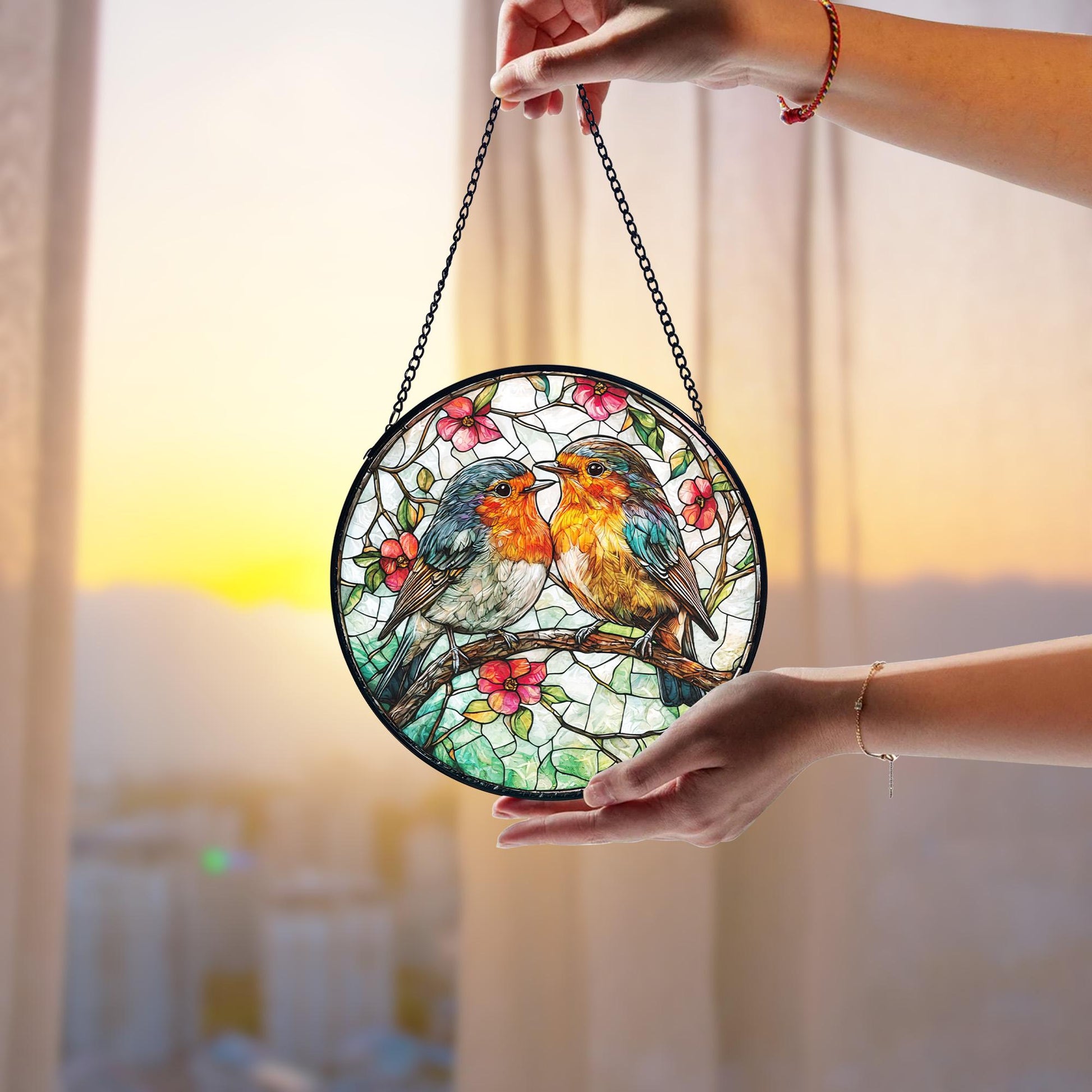 Robin Couple Stained Glass Suncatcher_ Romantic Bird Window Hanging, Artistic Stained Glass Acrylic Panel, Window Light Catcher Hanging, Colorful Home Decor Accent, Handmade Gift for Any Occasion