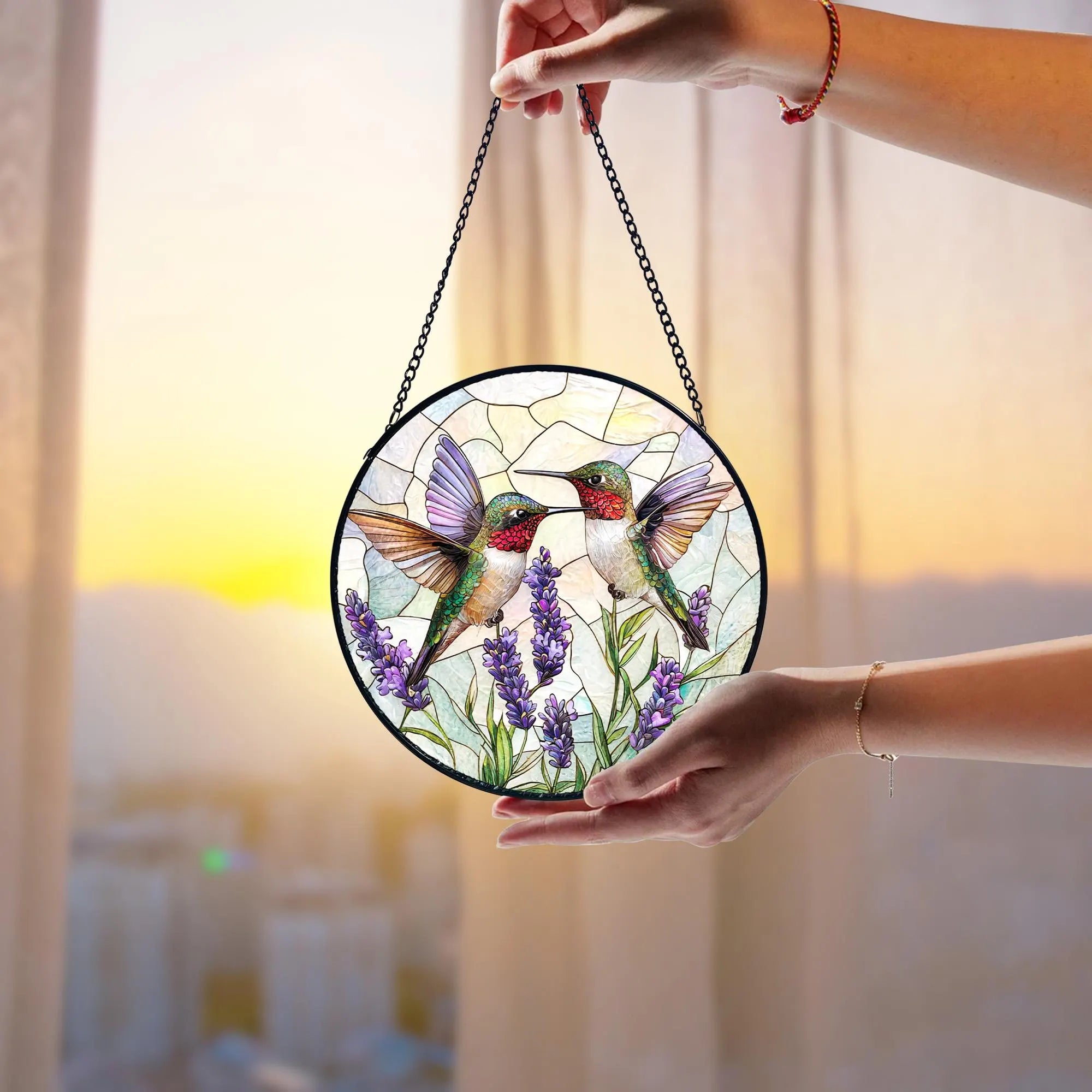 Hummingbird & Lavender Stained Glass Suncatcher_ Handmade Window Hanging, Acrylic Stained Glass Window Art, Handmade Sun Catcher Hanging Decor, Colorful Light Reflecting Panel, Unique Gift for Home