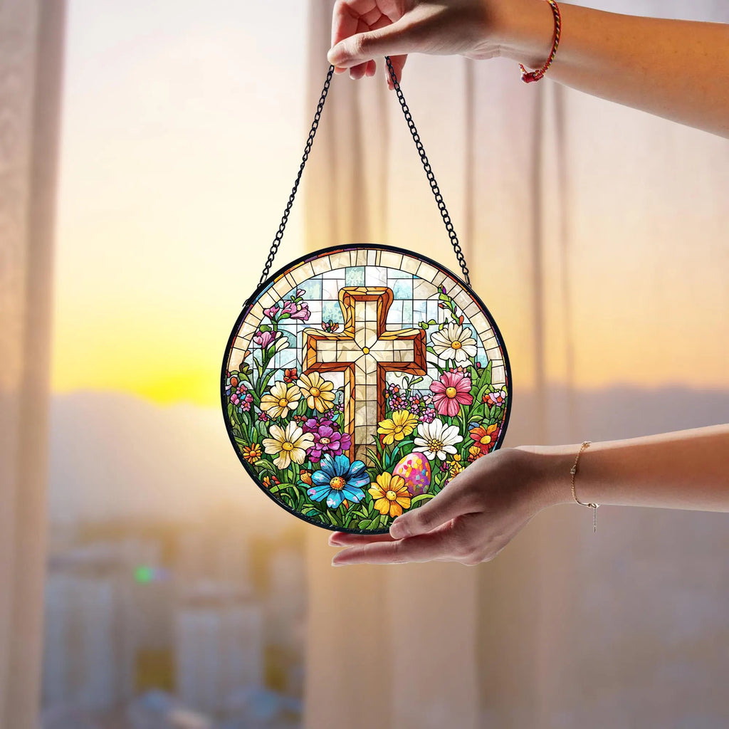 Stained Glass Cross Suncatcher_ Wildflower Christian Decor, Stained Glass Style Clover Window Suncatcher, Acrylic Lucky Hanging Decor, Four Leaf Sun Catcher, Green Home Ornament