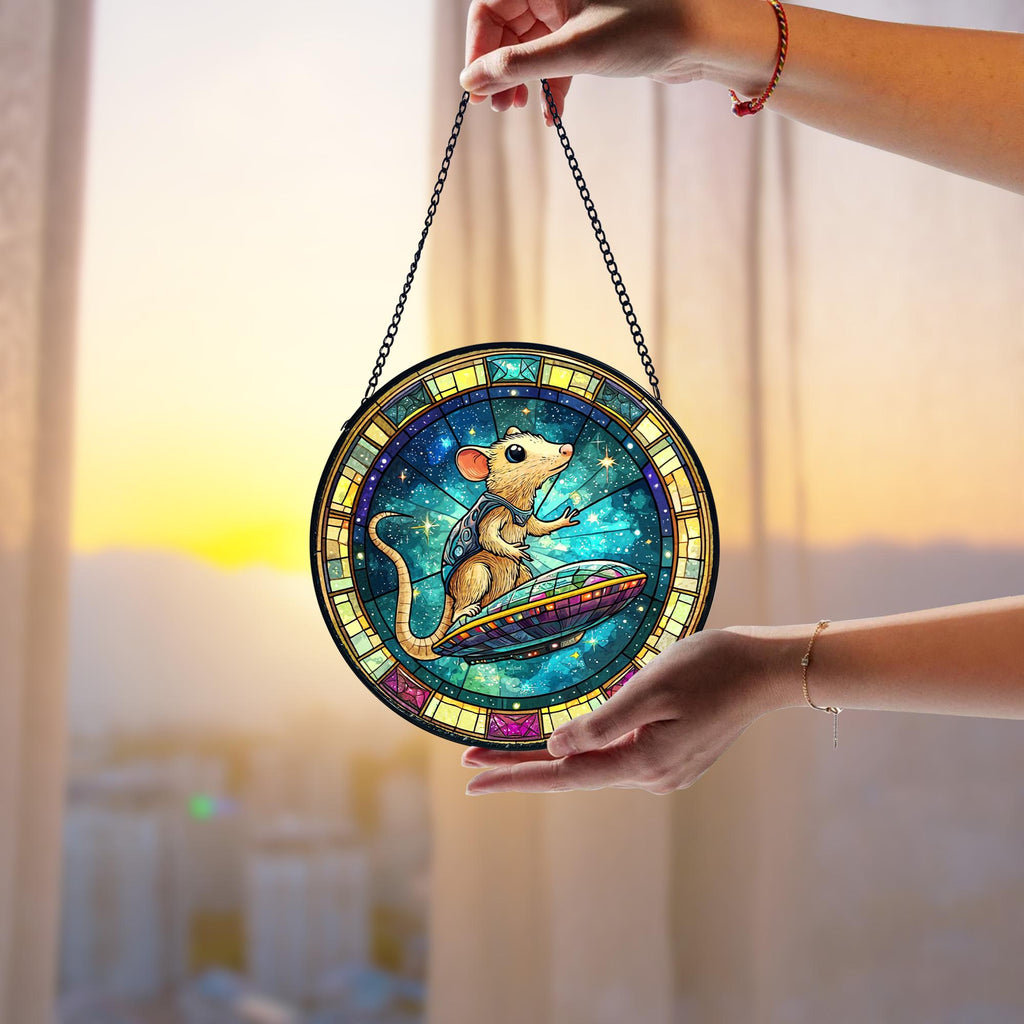 UFO Abduction Opossum Stained Glass Suncatcher_ Funny Alien Decor, Decorative Stained Glass Style Suncatcher, Acrylic Window Art Panel, Sun Catcher Hanging Ornament, Unique Home Accent, andmade Home Decoration