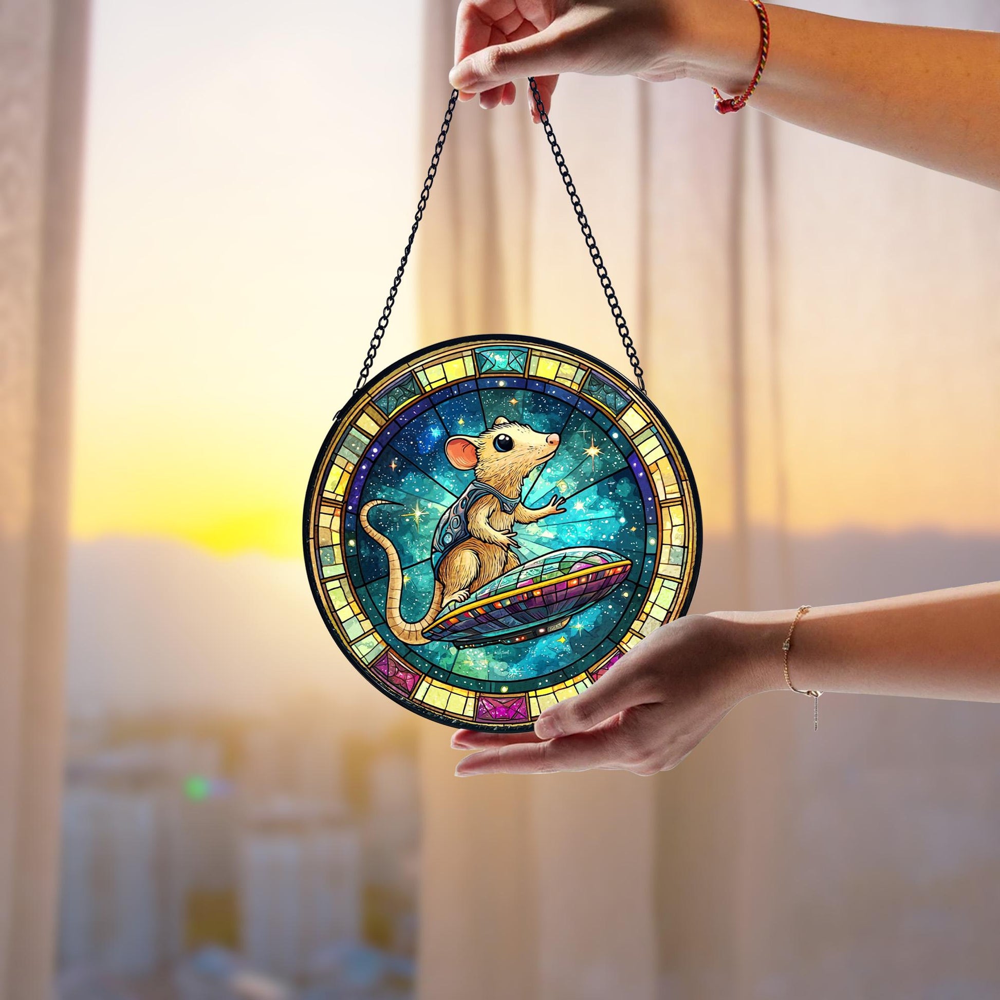 UFO Abduction Opossum Stained Glass Suncatcher_ Funny Alien Decor, Decorative Stained Glass Style Suncatcher, Acrylic Window Art Panel, Sun Catcher Hanging Ornament, Unique Home Accent, andmade Home Decoration