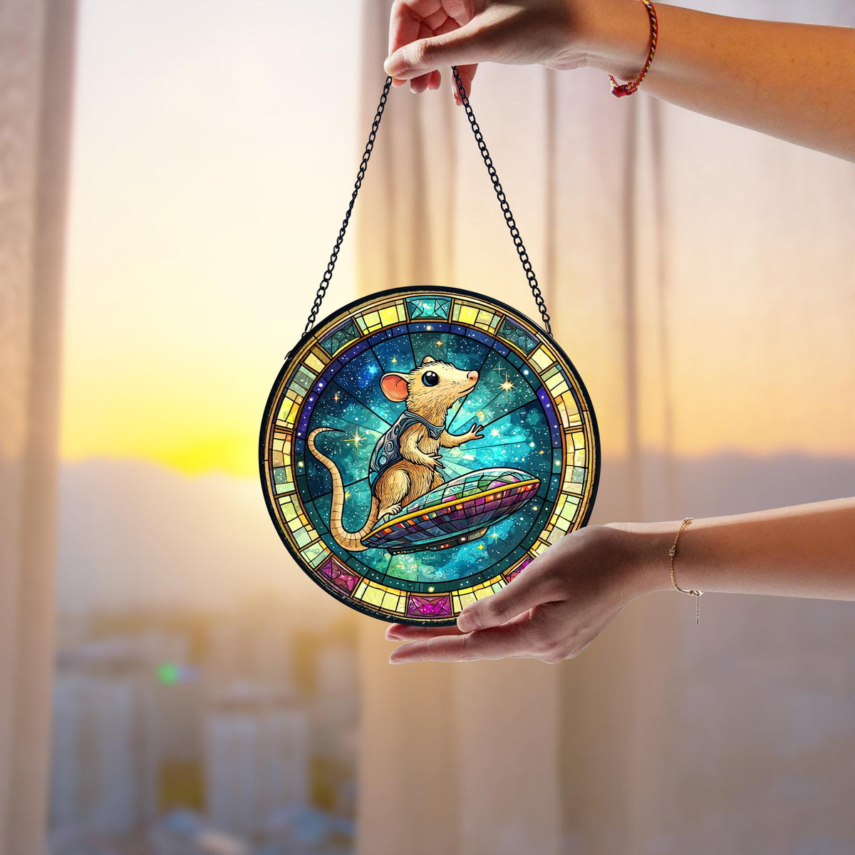 UFO Abduction Opossum Stained Glass Suncatcher_ Funny Alien Decor, Decorative Stained Glass Style Suncatcher, Acrylic Window Art Panel, Sun Catcher Hanging Ornament, Unique Home Accent, andmade Home Decoration