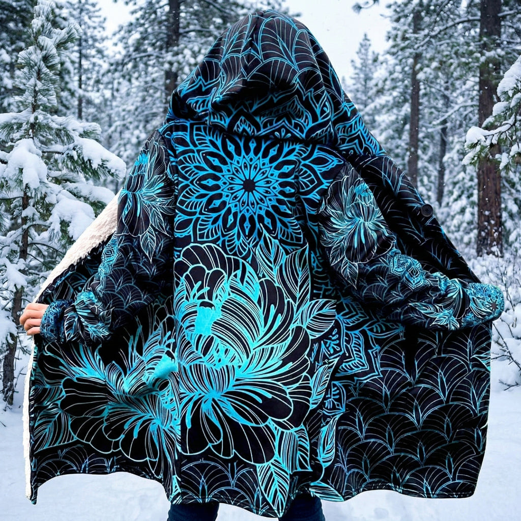 Mandala Cloak with Blue Floral, Psychedelic Black and Blue Hooded Coat, Sherpa Lined Winter Jacket, Geometric Outerwear