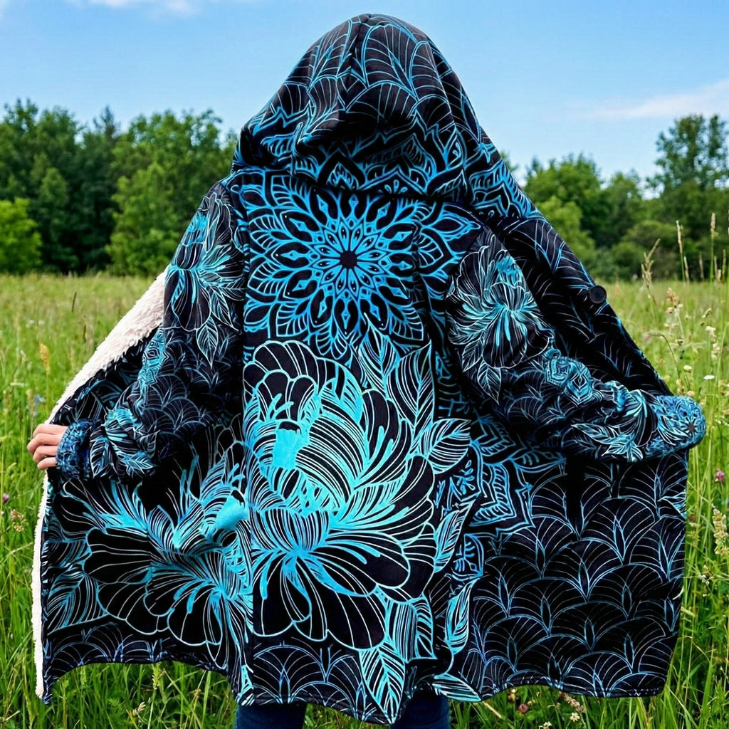 Mandala Cloak with Blue Floral, Psychedelic Black and Blue Hooded Coat, Sherpa Lined Winter Jacket, Geometric Outerwear