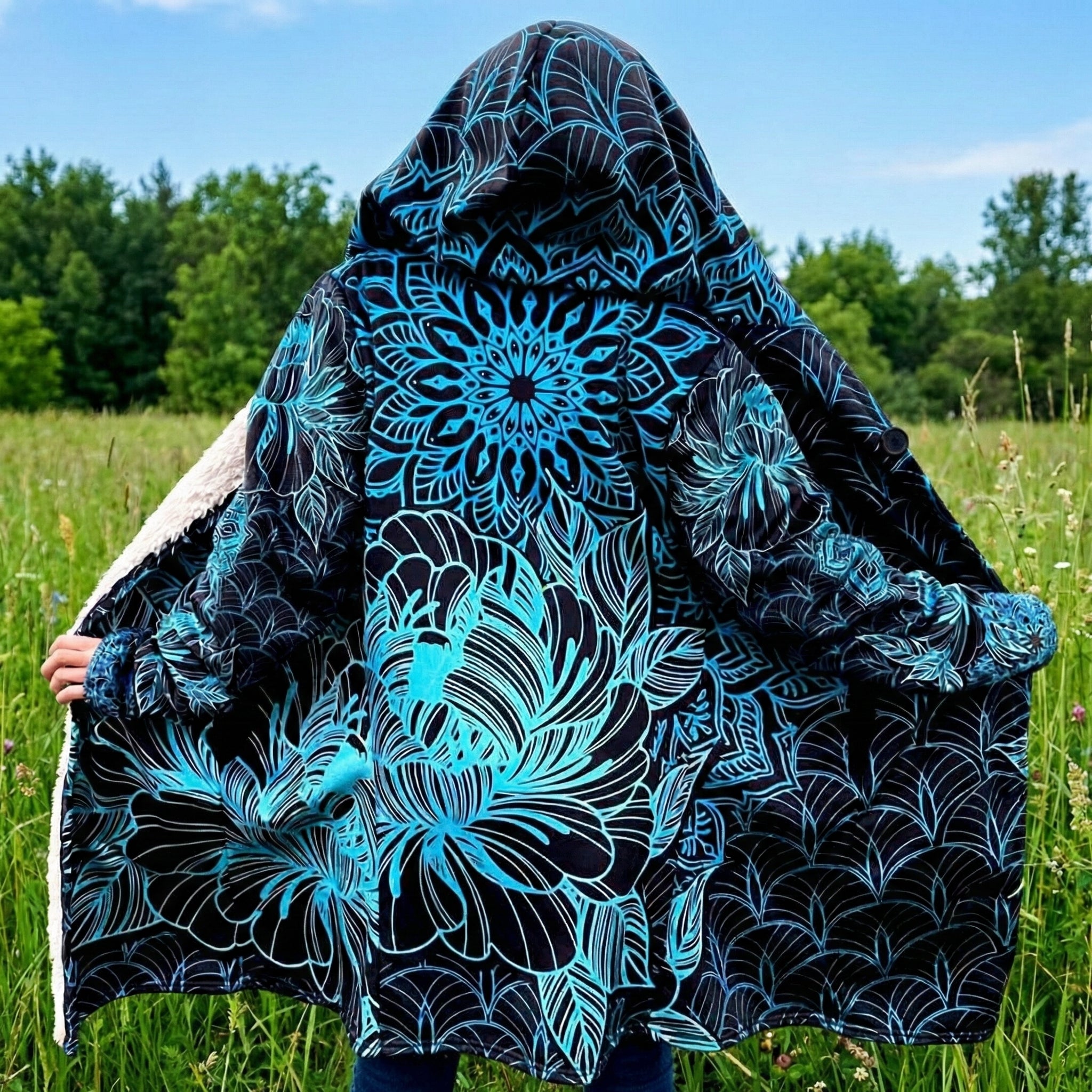 Mandala Cloak with Blue Floral, Psychedelic Black and Blue Hooded Coat, Sherpa Lined Winter Jacket, Geometric Outerwear