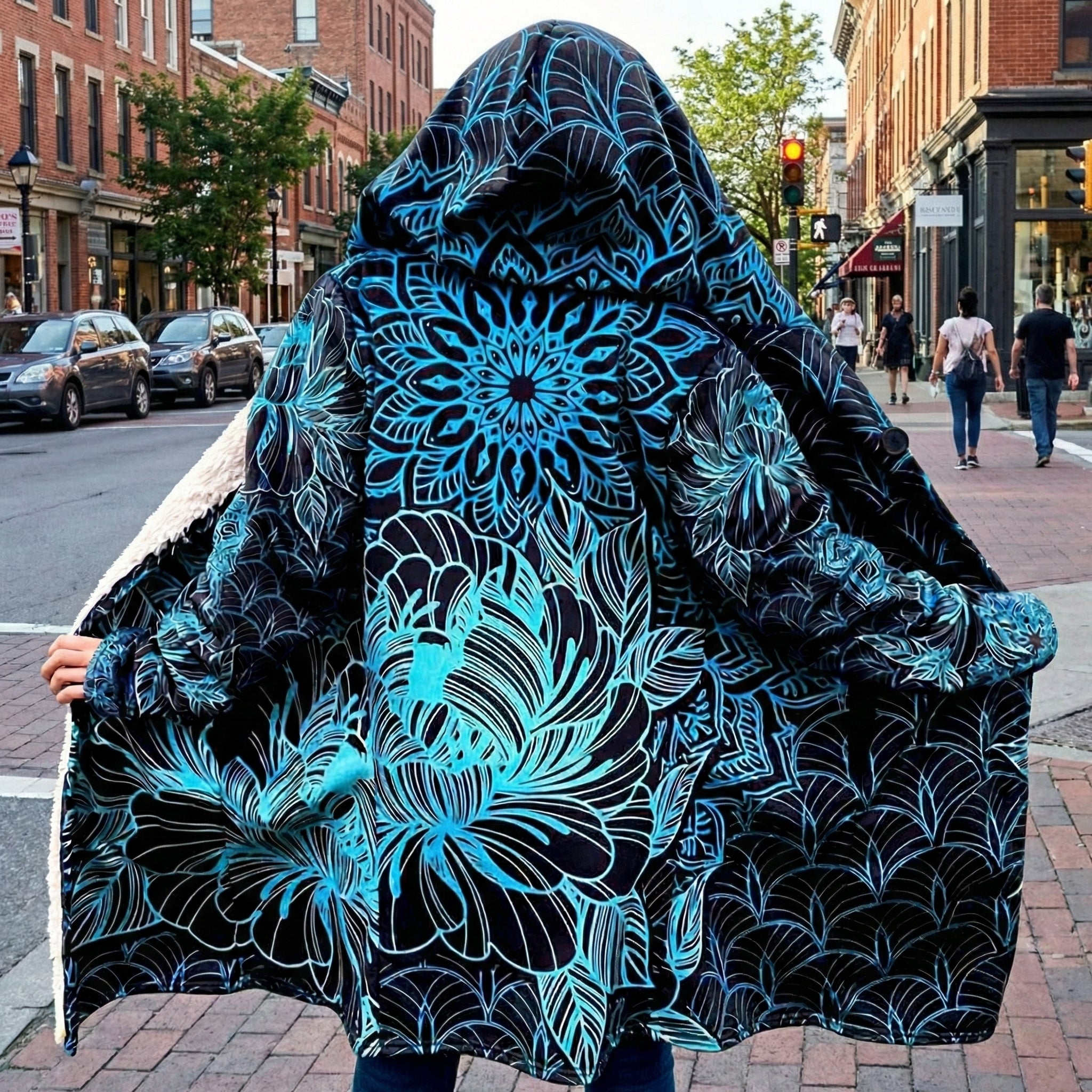 Mandala Cloak with Blue Floral, Psychedelic Black and Blue Hooded Coat, Sherpa Lined Winter Jacket, Geometric Outerwear