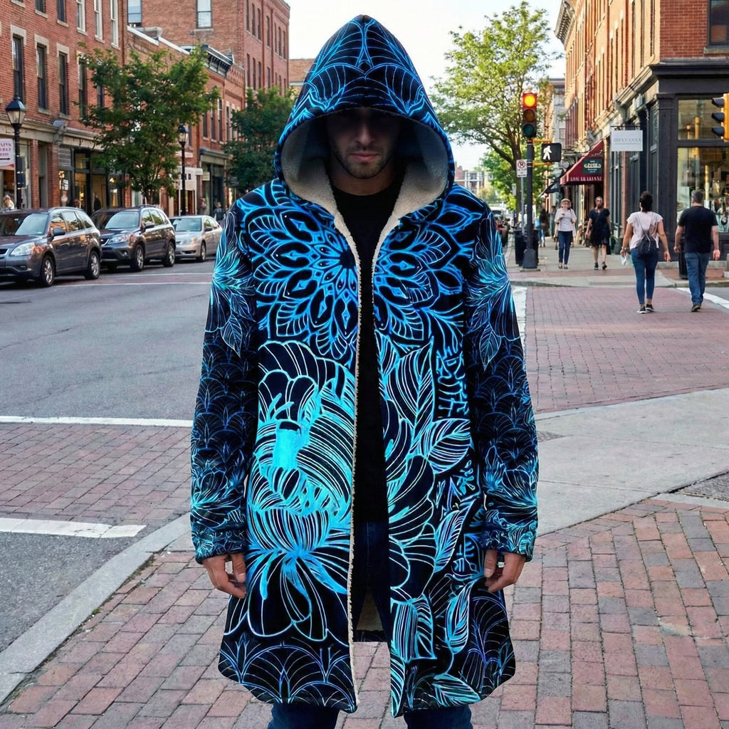 Mandala Cloak with Blue Floral, Psychedelic Black and Blue Hooded Coat, Sherpa Lined Winter Jacket, Geometric Outerwear