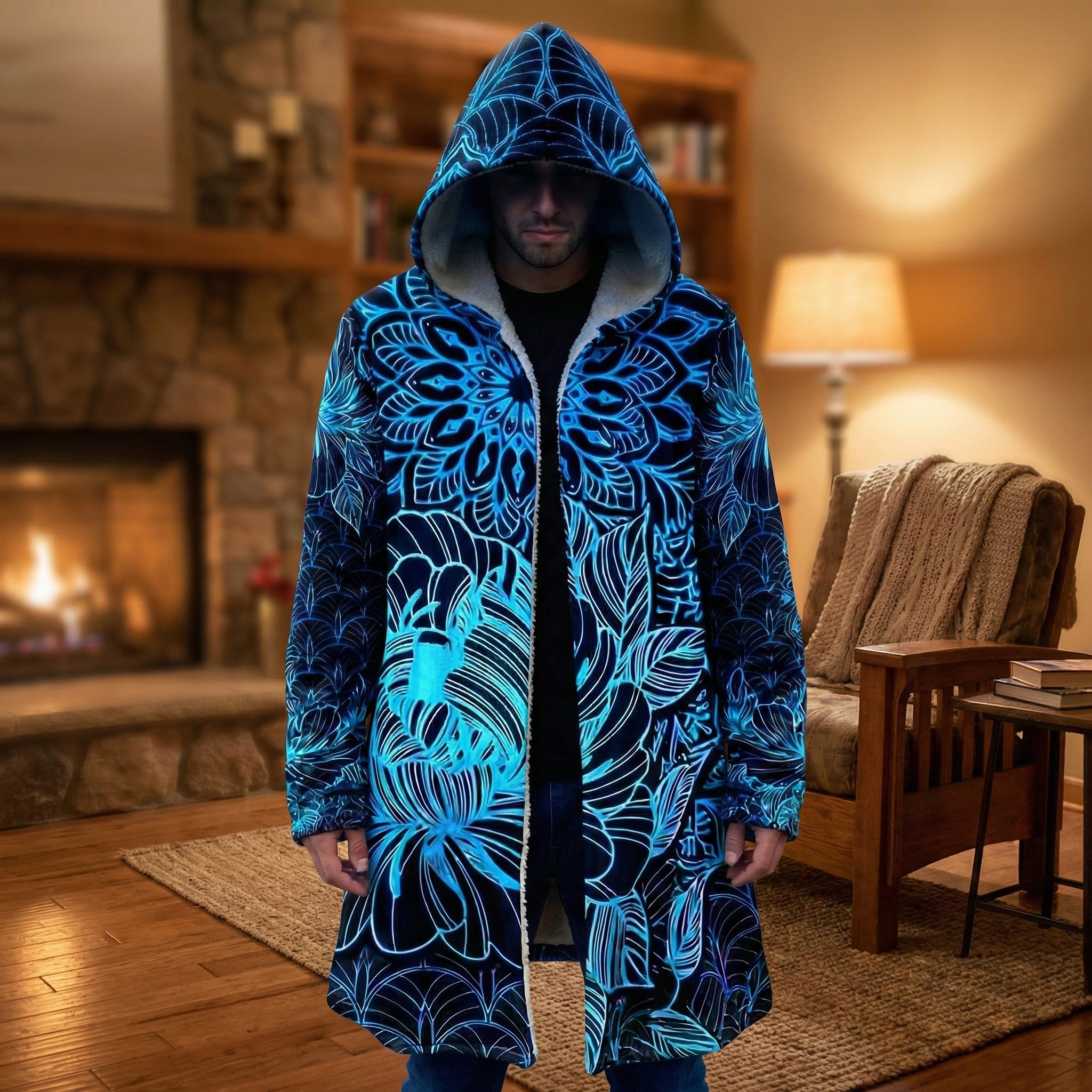 Mandala Cloak with Blue Floral, Psychedelic Black and Blue Hooded Coat, Sherpa Lined Winter Jacket, Geometric Outerwear