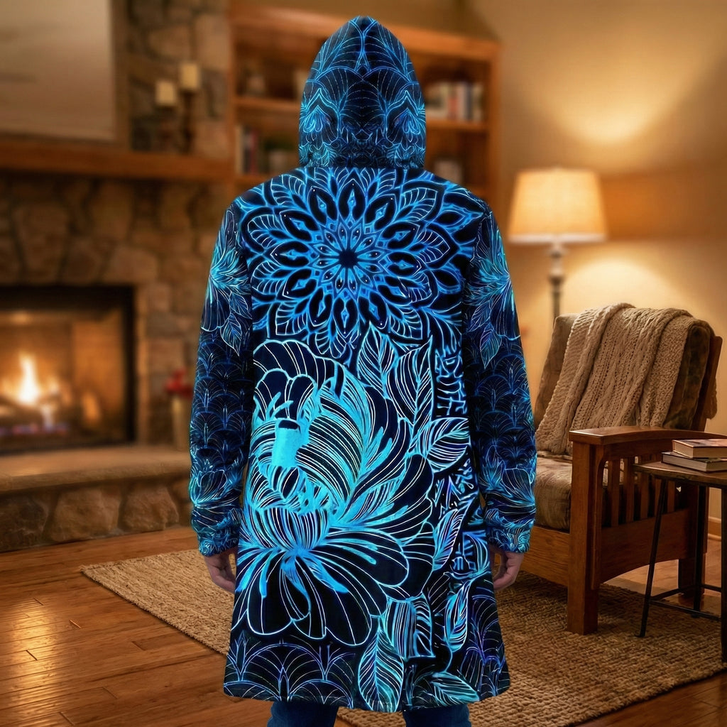 Mandala Cloak with Blue Floral, Psychedelic Black and Blue Hooded Coat, Sherpa Lined Winter Jacket, Geometric Outerwear