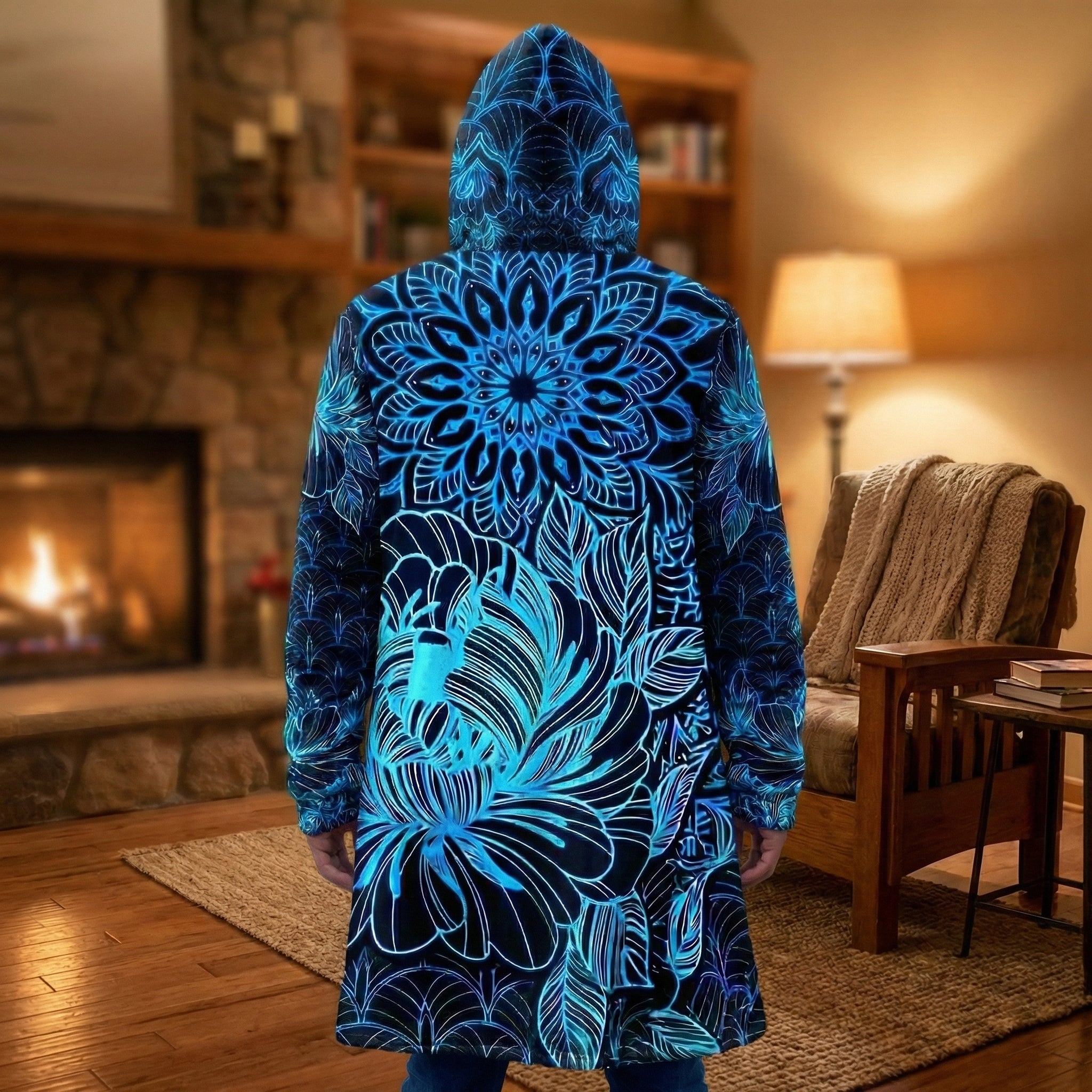 Mandala Cloak with Blue Floral, Psychedelic Black and Blue Hooded Coat, Sherpa Lined Winter Jacket, Geometric Outerwear
