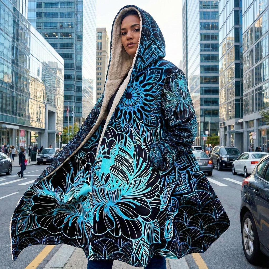 Mandala Cloak with Blue Floral, Psychedelic Black and Blue Hooded Coat, Sherpa Lined Winter Jacket, Geometric Outerwear