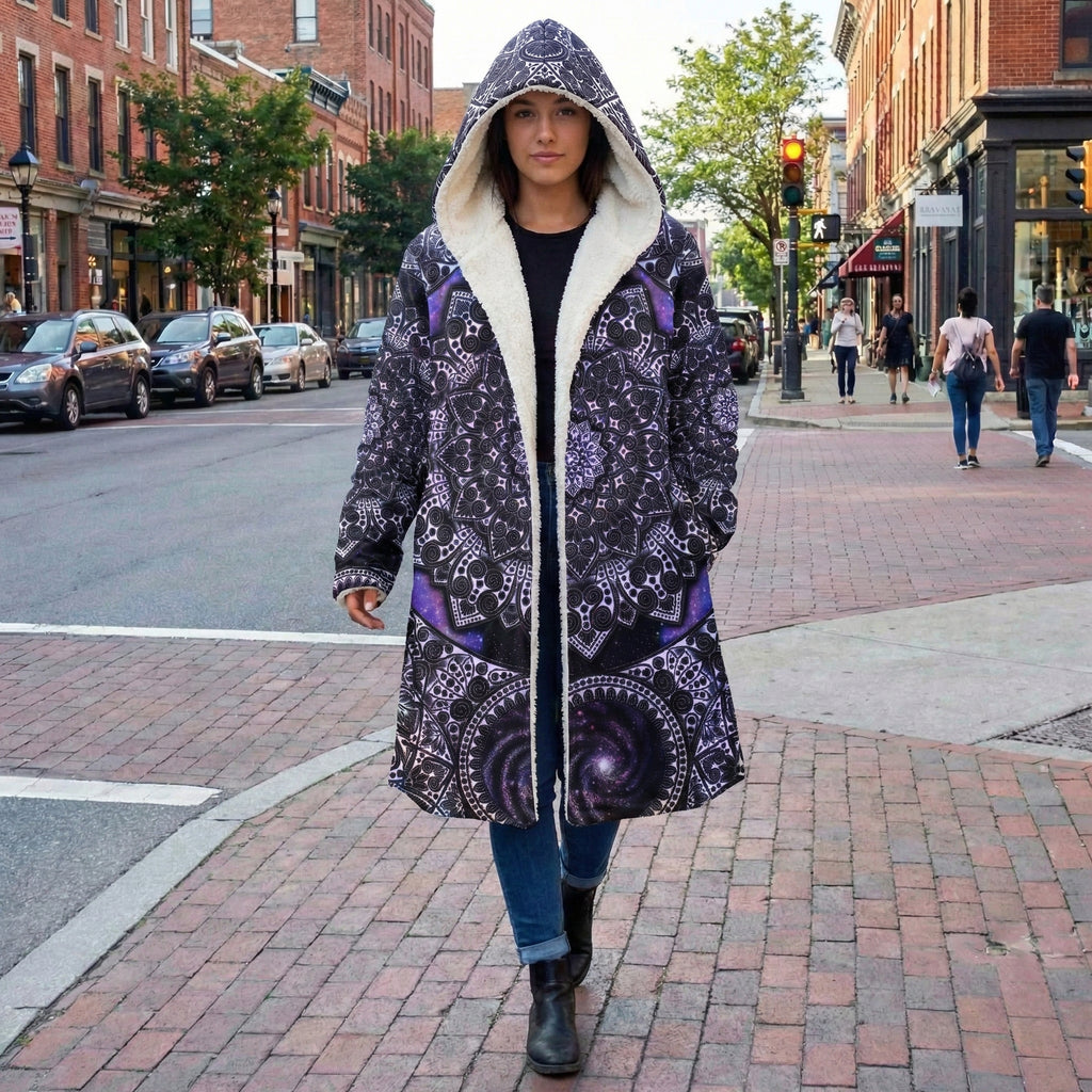 Mandala Cloak with Galactic, Hooded Coat, Sherpa Lined Winter Jacket, Cosmic Geometric Outerwear